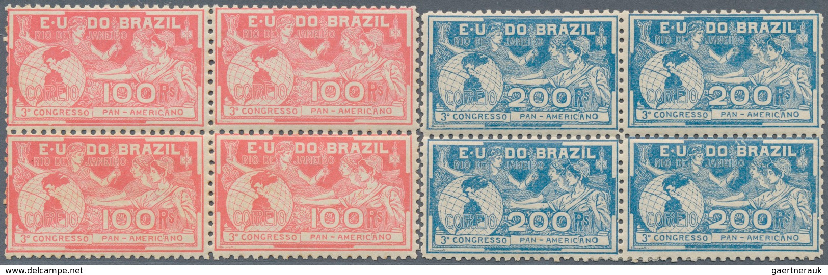 Brasilien: 1906, Pan-American Congress, 100r. And 200r., Blocks Of Four, Fresh Colours, Well Perfora - Gebraucht