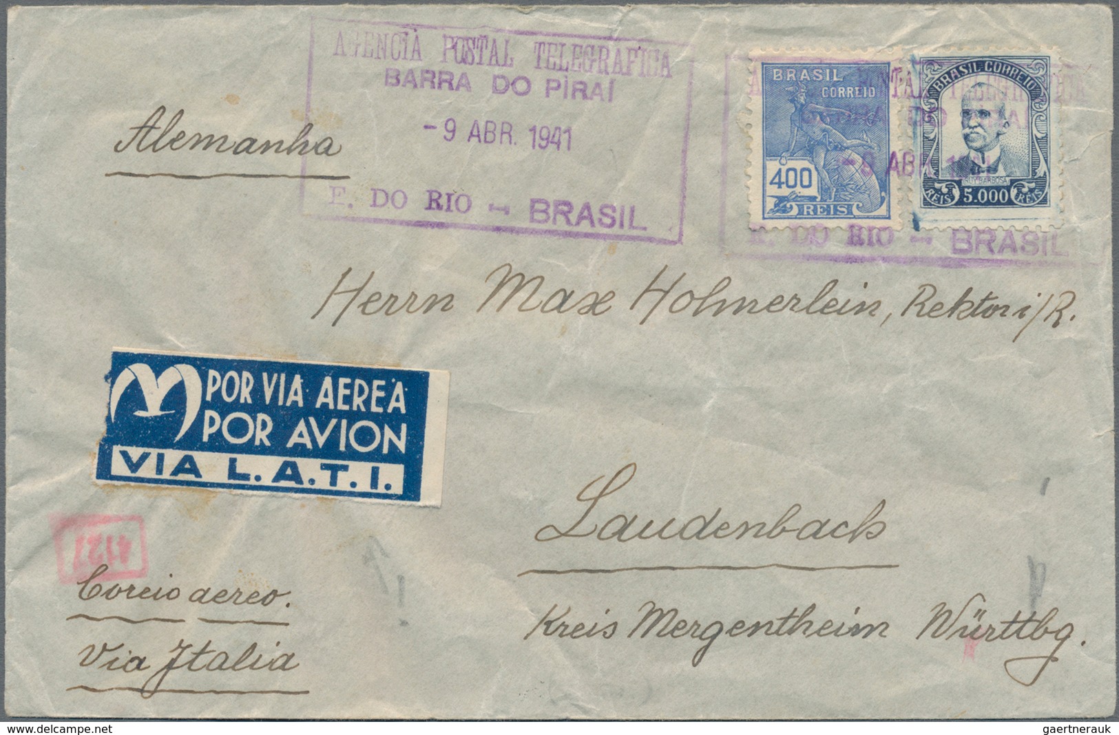 Brasilien: 1941, 5000 R Blue And 400 R Blue On Airmal Letter From Barra Do Pirai (Rio) "Via Italia" - Gebraucht