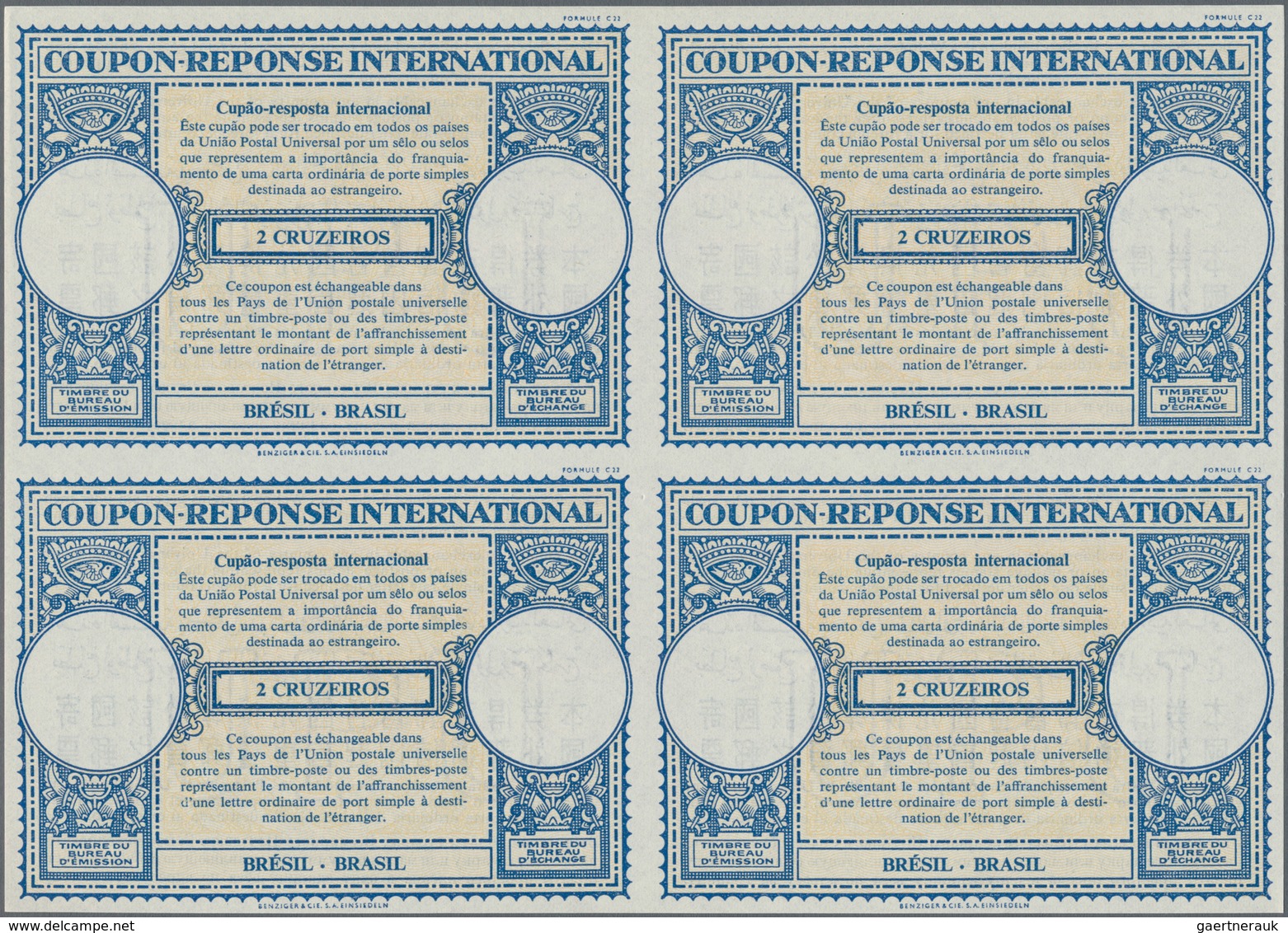 Brasilien: 1953, July. International Reply Coupon 2 Cruzeiros (London Type) In An Unused Block Of 4. - Used Stamps