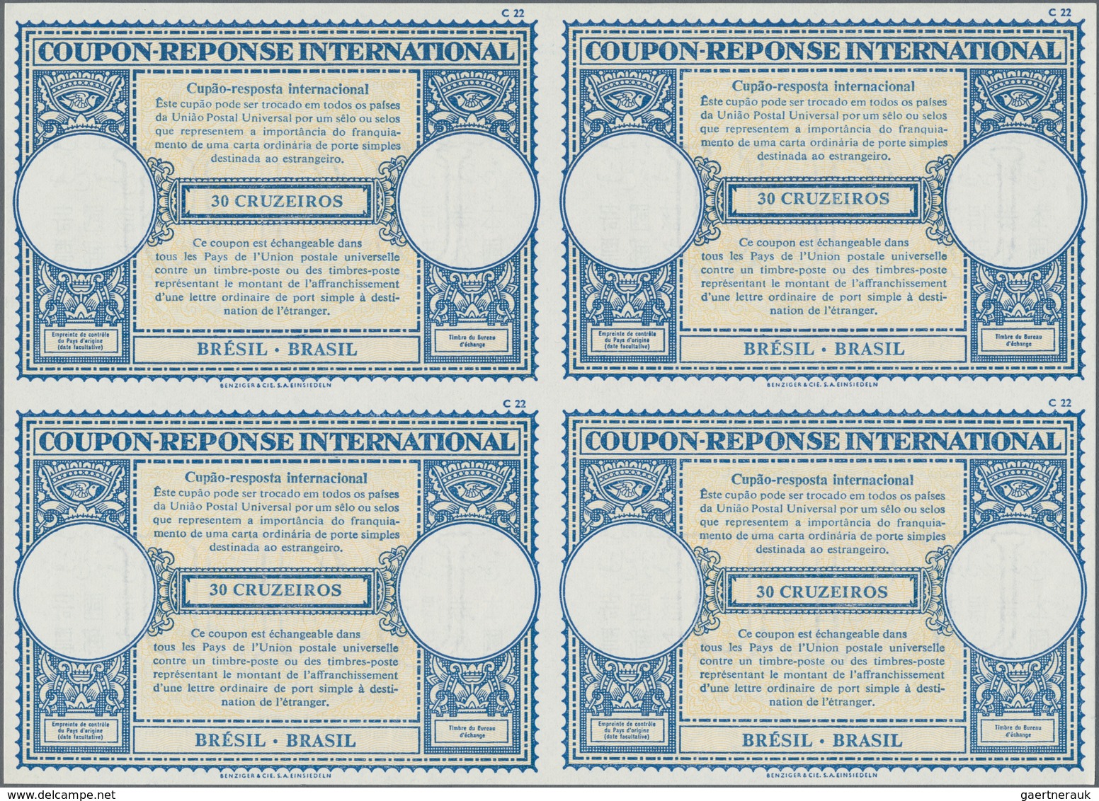 Brasilien: 1961, November. International Reply Coupon 30 Cruzeiros (London Type) In An Unused Block - Used Stamps