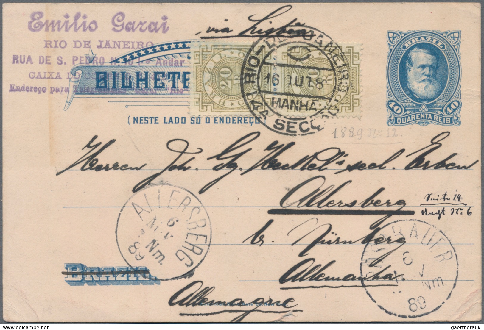 Brasilien - Ganzsachen: 1867, Stationery Envelope 200 R Black Uprated 2x 100 R Rose-violett Sent Reg - Postwaardestukken