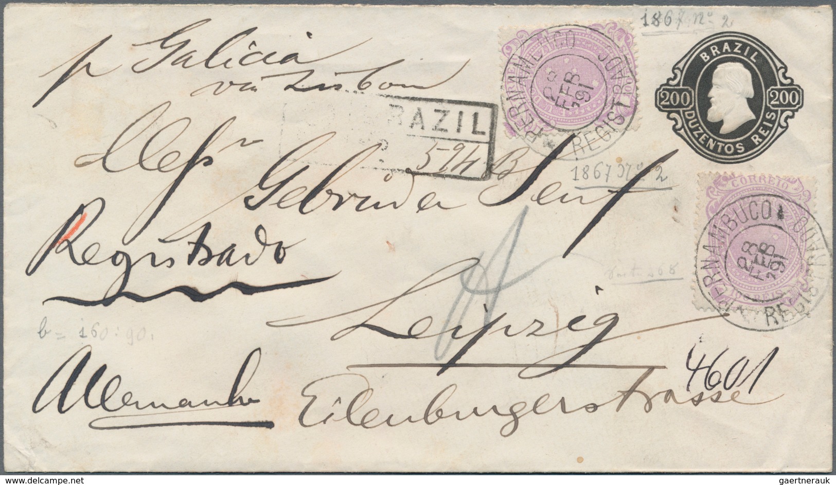 Brasilien - Ganzsachen: 1867, Stationery Envelope 200 R Black Uprated 2x 100 R Rose-violett Sent Reg - Postal Stationery