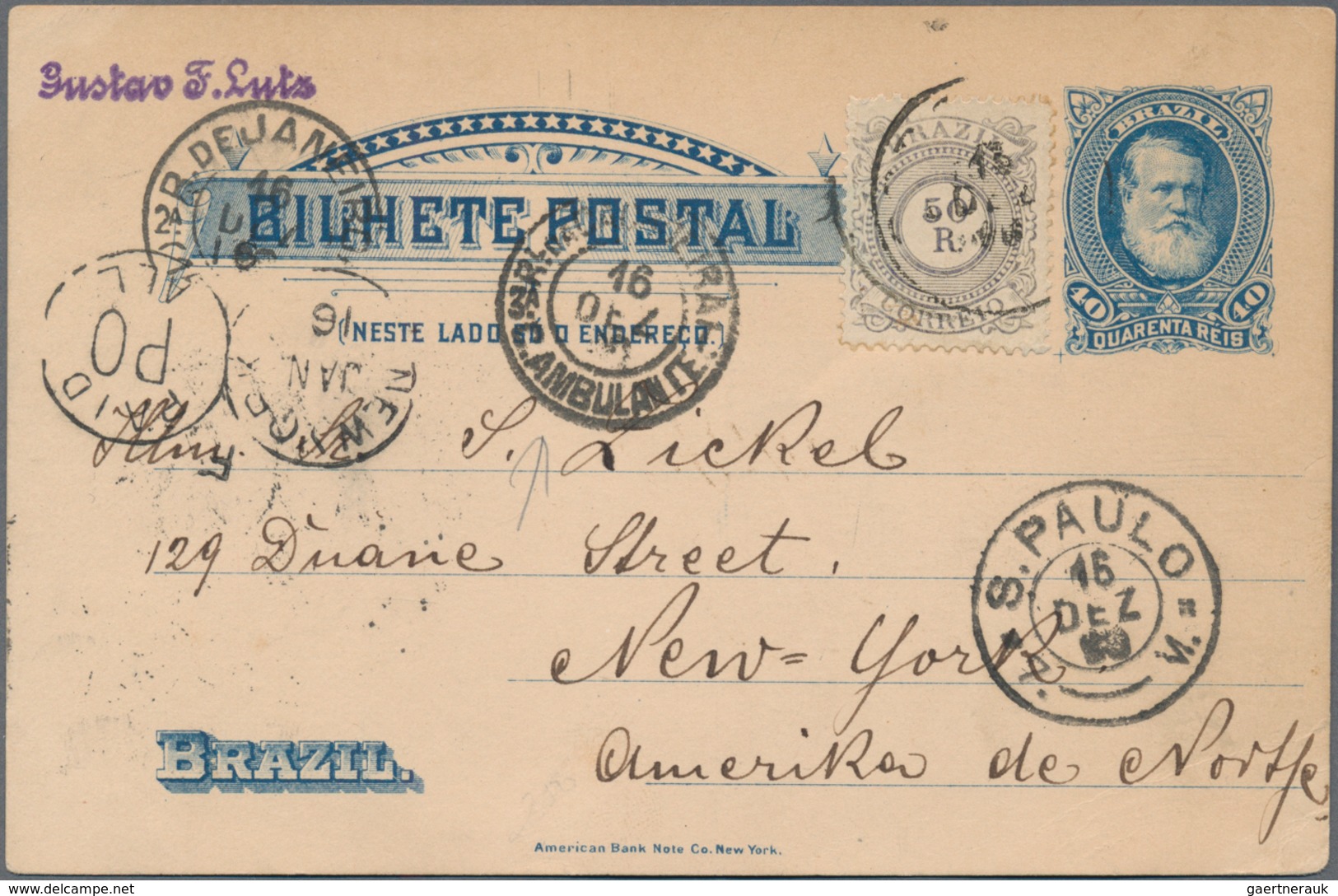 Brasilien - Ganzsachen: 1890, Card 40r. Blue Uprated By 50r. Commercially Used With Full Message, Wr - Ganzsachen