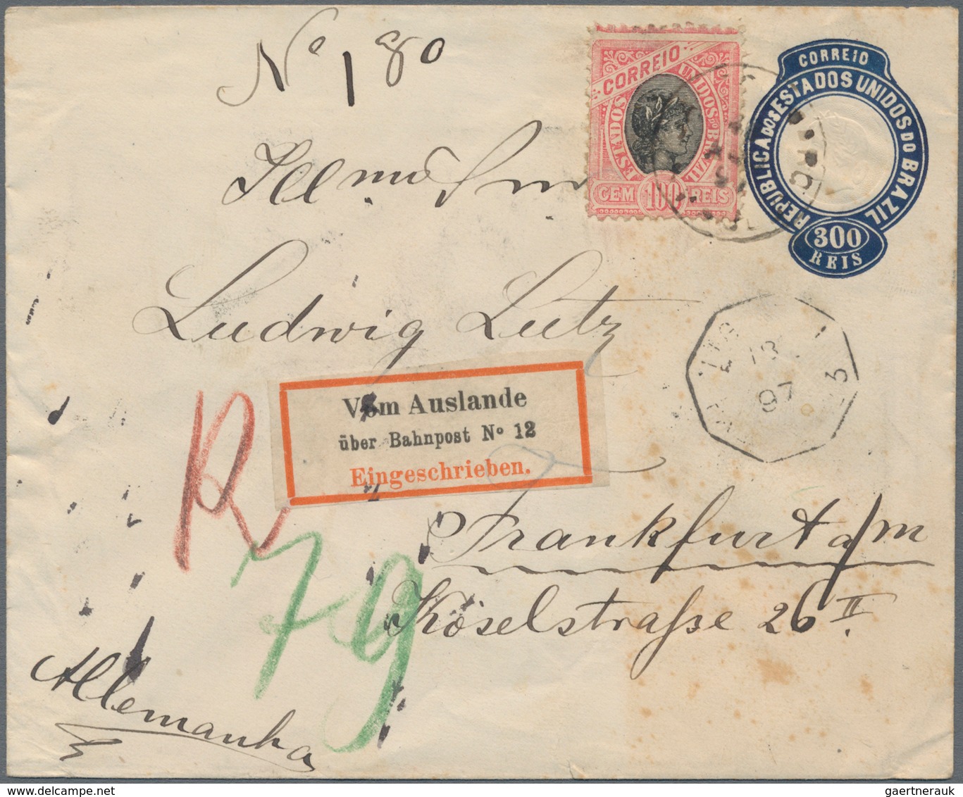 Brasilien - Ganzsachen: 1894, Stationery Envelope 300 R Deep-blue, Die I, Uprated 100 R Carmine/blac - Postal Stationery