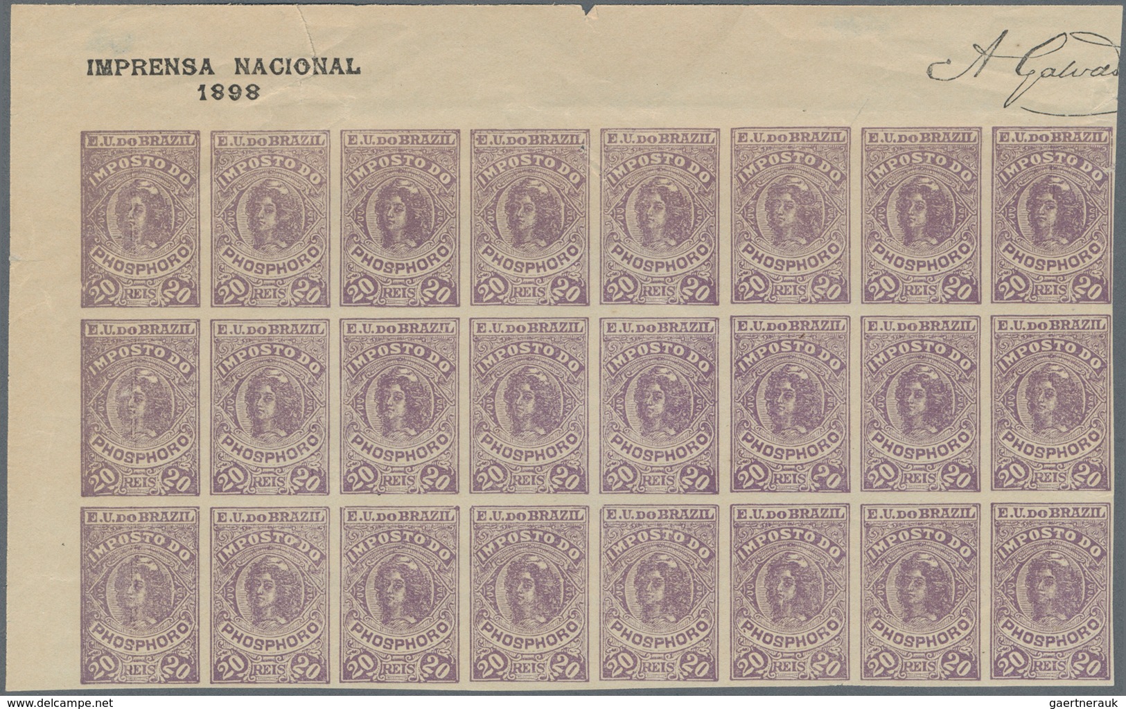 Brasilien - Besonderheiten: 1898, Revenue Stamp 20reis Violet 'IMPOSTO DO PHOSPHORO' (matches) Block - Other & Unclassified