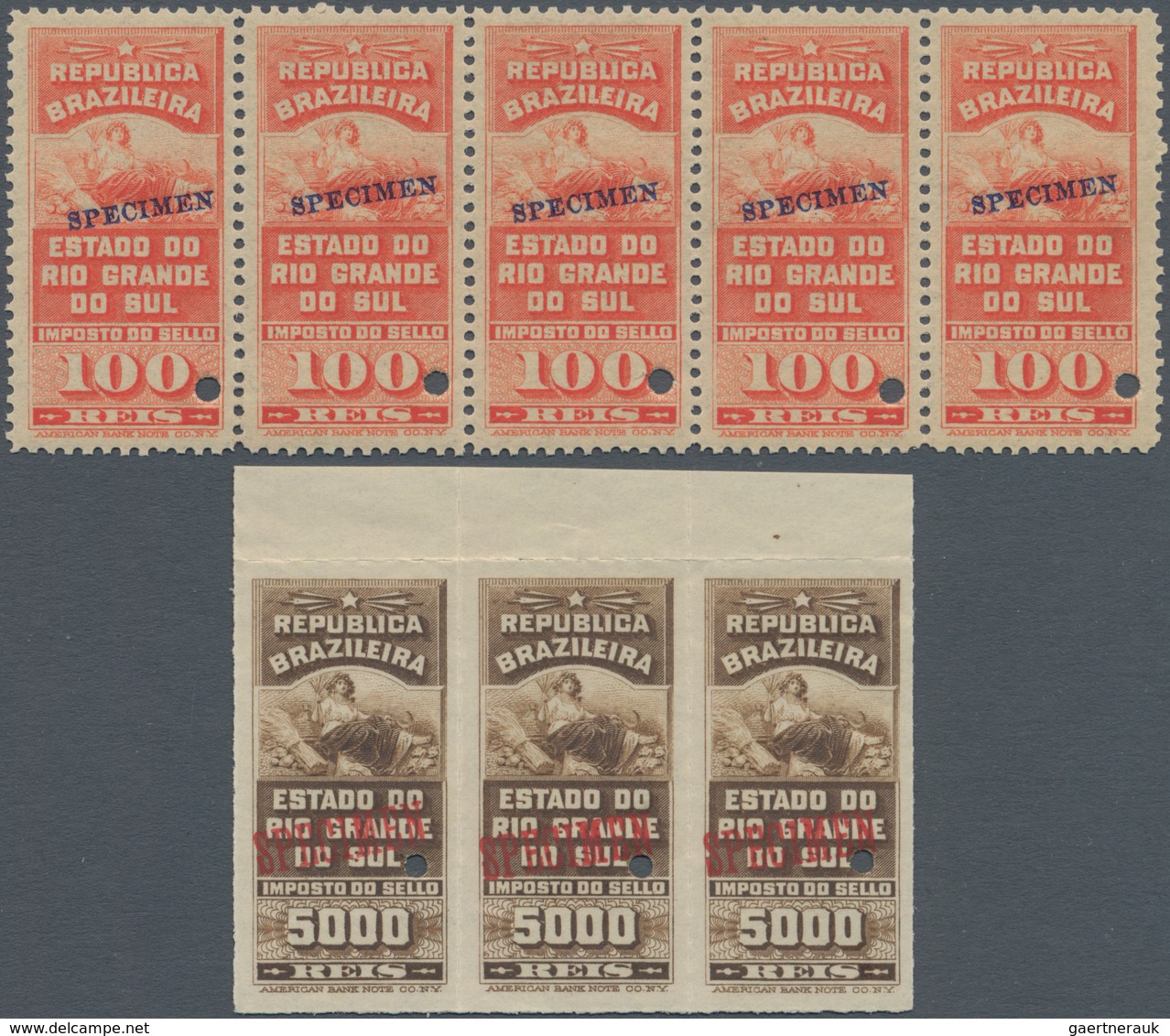 Brasilien - Besonderheiten: 1915 (ca.), Revenue Stamps 'ESTADO DO RIO GRANDE DO SUL' 100reis Red-ora - Other & Unclassified