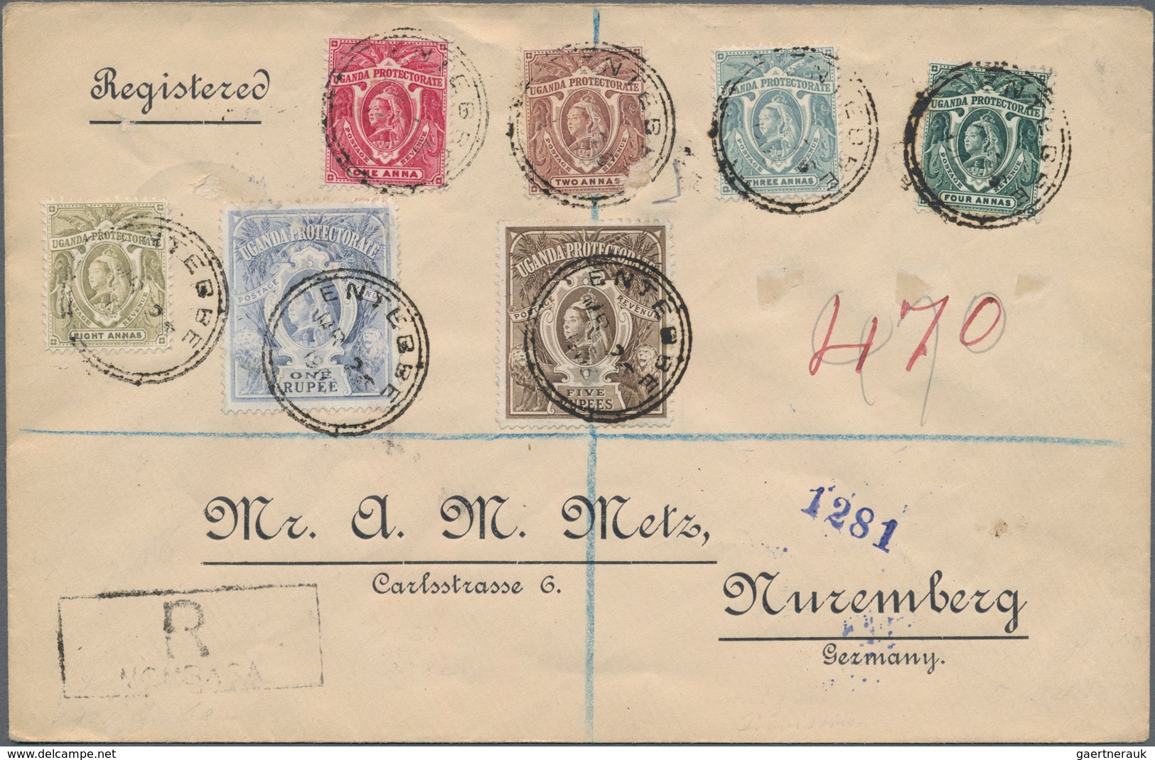 Britisch-Ostafrika Und Uganda: 1903, Protectorate QV 1 A./5 R. Cpl. Set Each Value Tied "ENTEBBE MR - East Africa & Uganda Protectorates