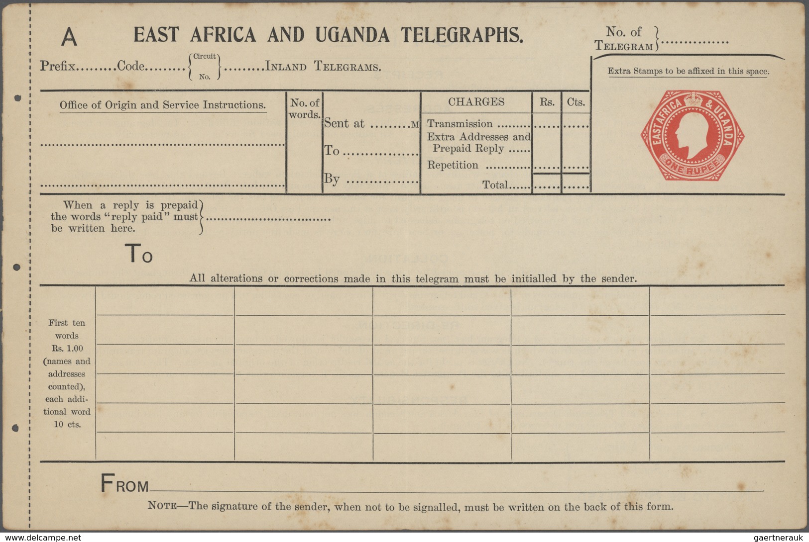Britisch-Ostafrika Und Uganda - Ganzsachen: 1903 (ca.) Unused Postal Stationery Form For Telegraph A - East Africa & Uganda Protectorates