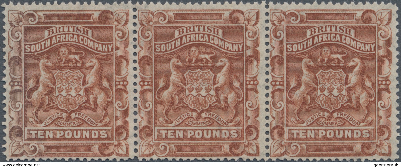 Britische Südafrika-Gesellschaft: 1892, £10 Brown In Horizontal Strip Of Three, All Stamps Showing S - Unclassified