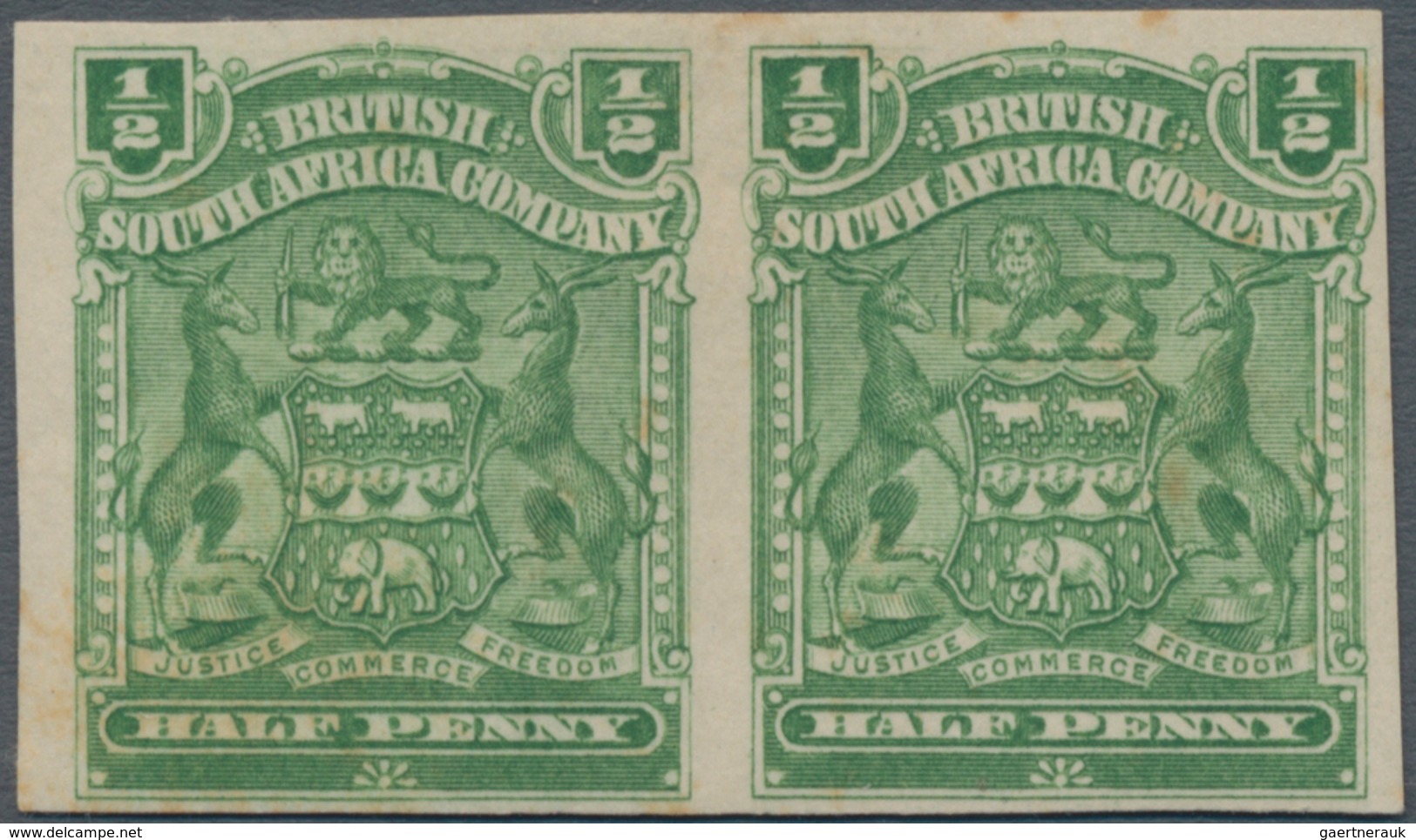 Britische Südafrika-Gesellschaft: 1898-1908 ½d. Yellow-green Horizontal Pair, Variety IMPERFORATED, - Ohne Zuordnung