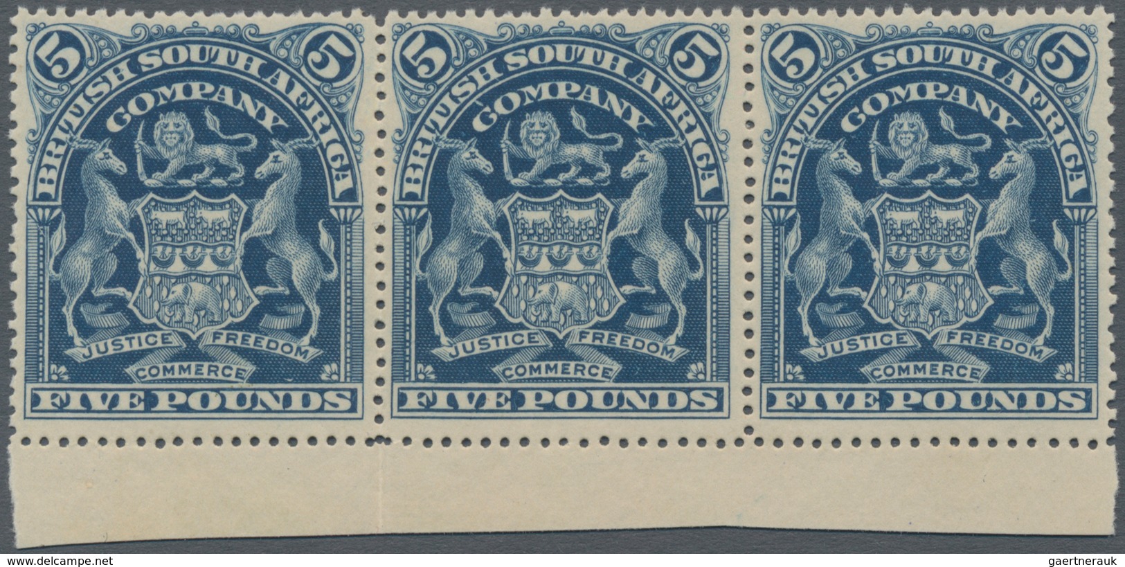 Britische Südafrika-Gesellschaft: 1901, £5 Deep Blue, Bottom Marginal Horizontal Strip Of Three, Unu - Unclassified