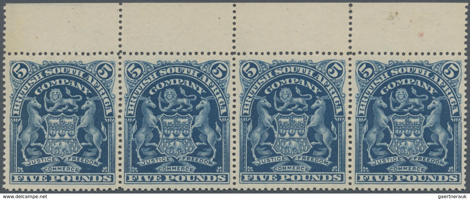 Britische Südafrika-Gesellschaft: 1901, £5 Blue, Top Marginal Horiz. Strip Of Four, Unused No Gum. - Zonder Classificatie