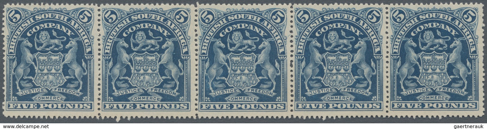 Britische Südafrika-Gesellschaft: 1901, £5 Deep Blue, Horizontal Strip Of Five, Unused Without Gum, - Unclassified