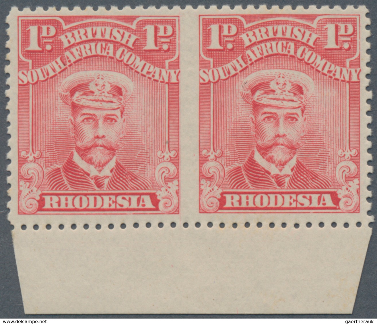 Britische Südafrika-Gesellschaft: 1913-19 KGV. 1d. Bright Rose-scarlet Bottom Marginal Pair, IMPERFO - Ohne Zuordnung