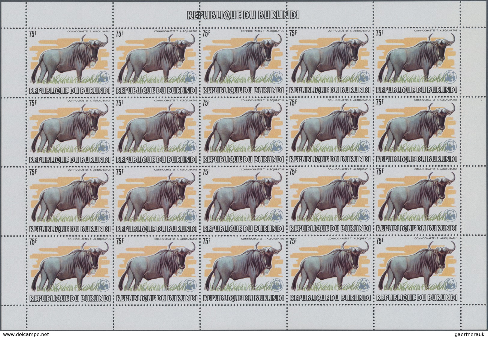 Burundi: 1982. AFRICAN WILDLIFE. Complete set of 13 from 2fr. to 85fr. in complete sheets of 20 stam