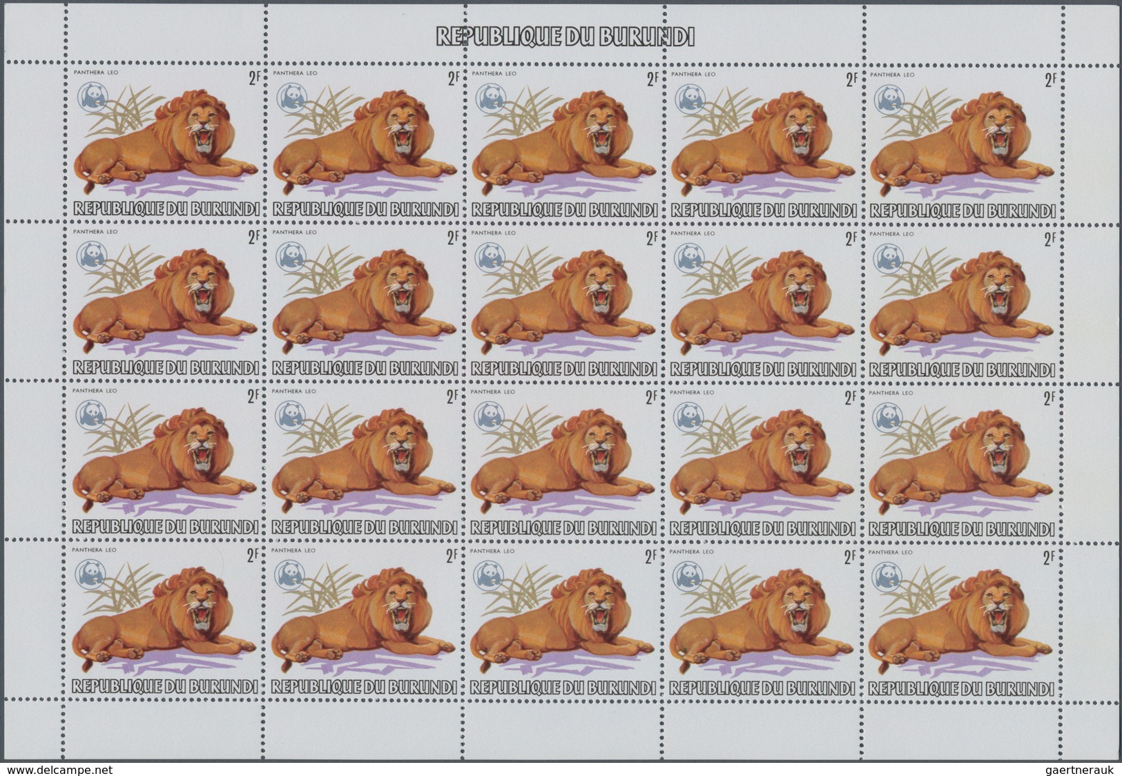 Burundi: 1982. AFRICAN WILDLIFE. Complete set of 13 from 2fr. to 85fr. in complete sheets of 20 stam