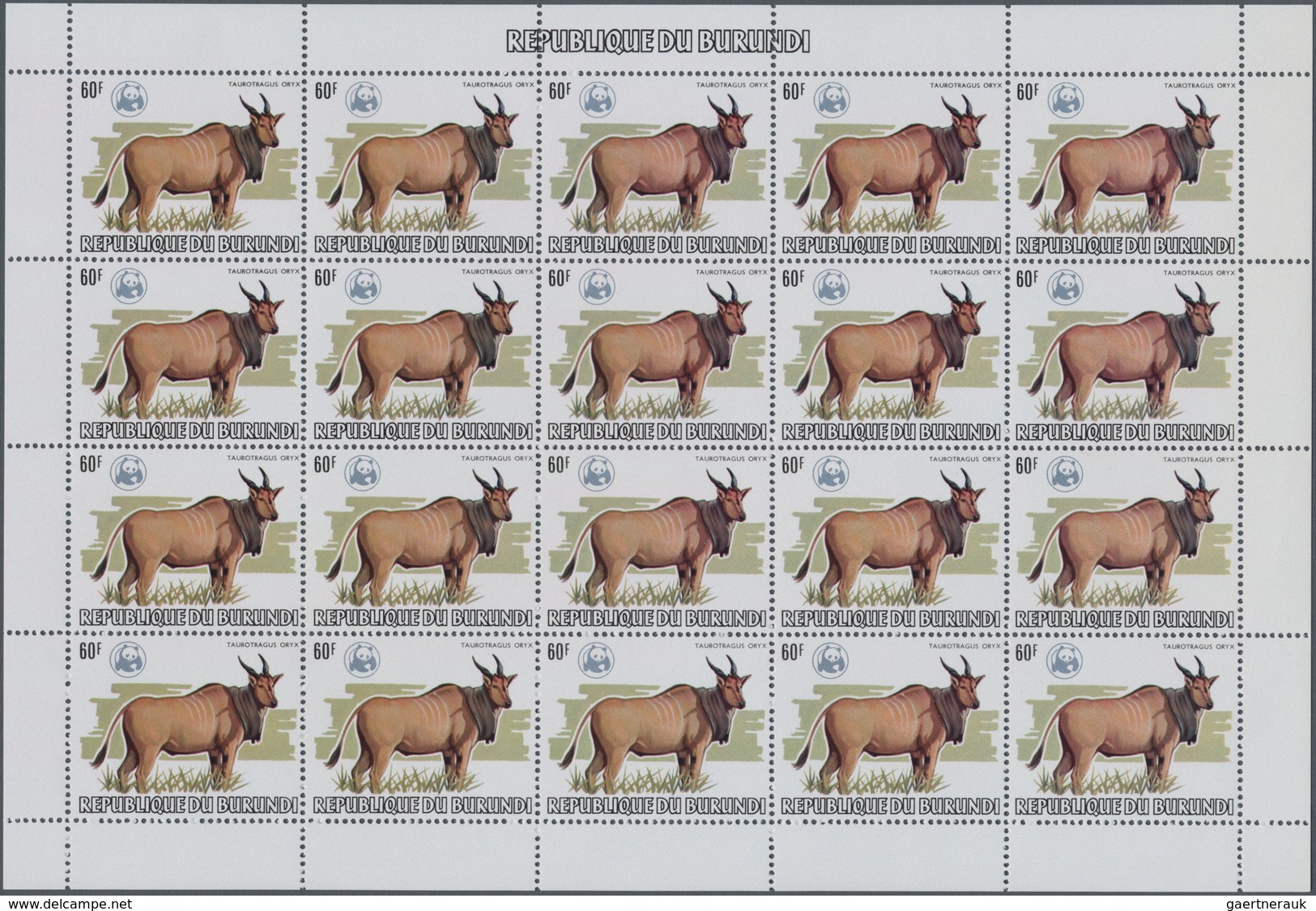 Burundi: 1982. AFRICAN WILDLIFE. Complete set of 13 from 2fr. to 85fr. in complete sheets of 20 stam