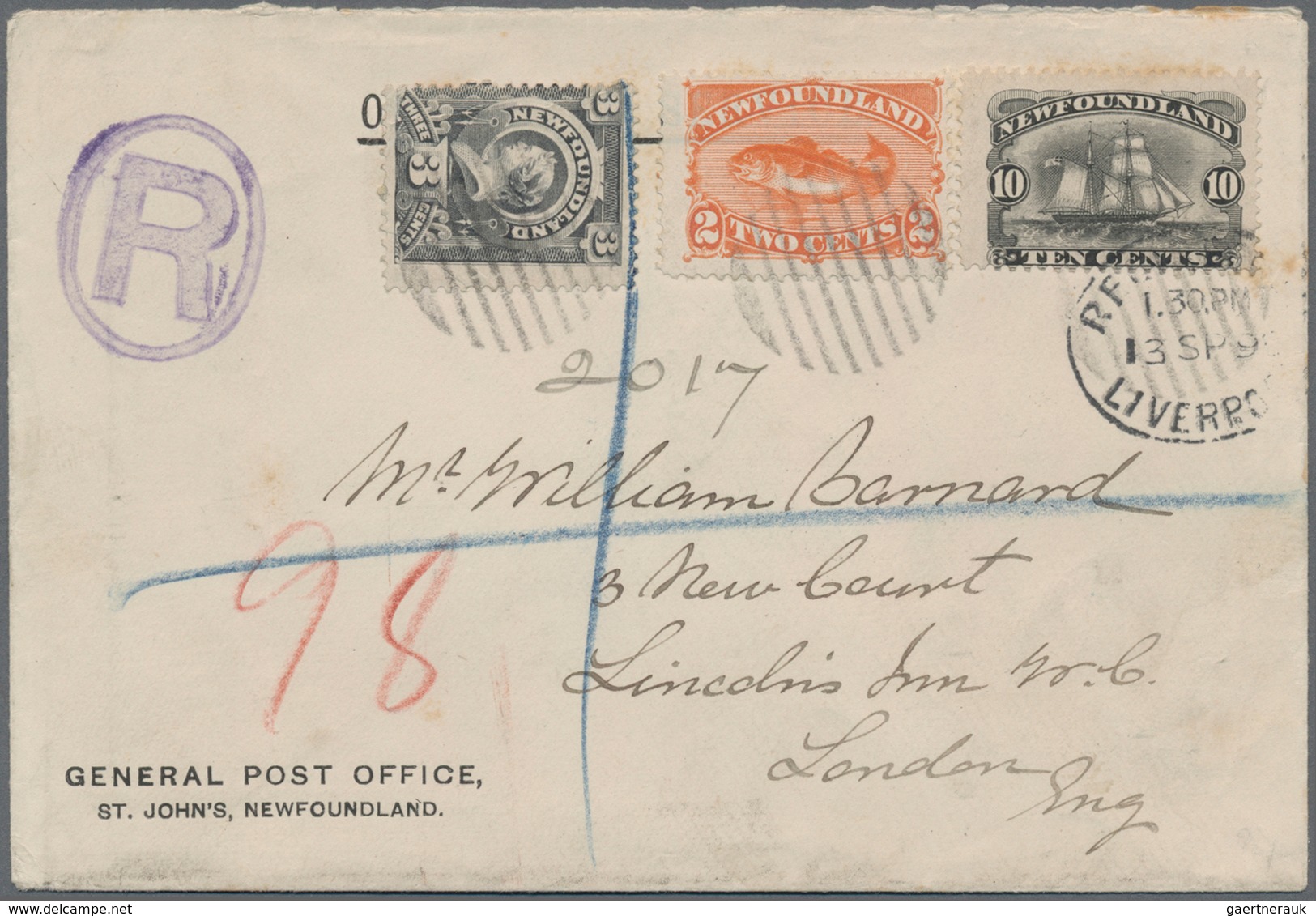 Neufundland: 1898, 2c. Orange-vermilion, 3c. Grey And 10c. Black (faint Toning), Attractive Franking - 1857-1861