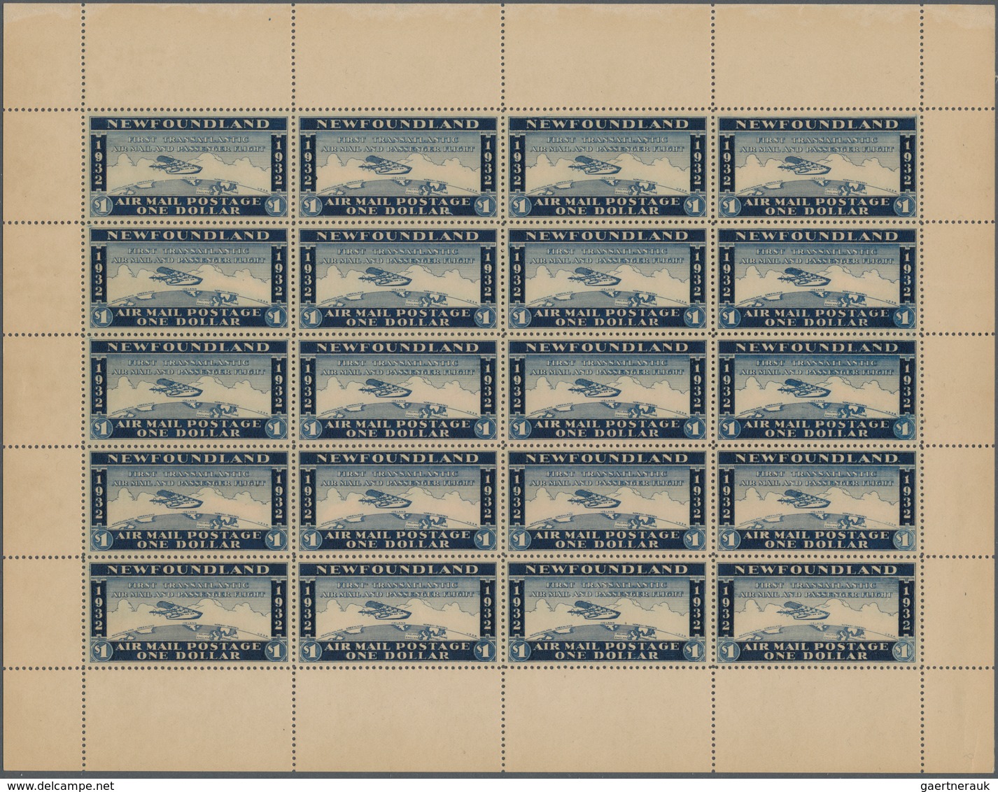 Neufundland - Flugpost: 1932, 1 $ Blue, "Wayzata" Airmail Stamp, Complete Sheet Of Twenty, VF Mint N - Back Of Book