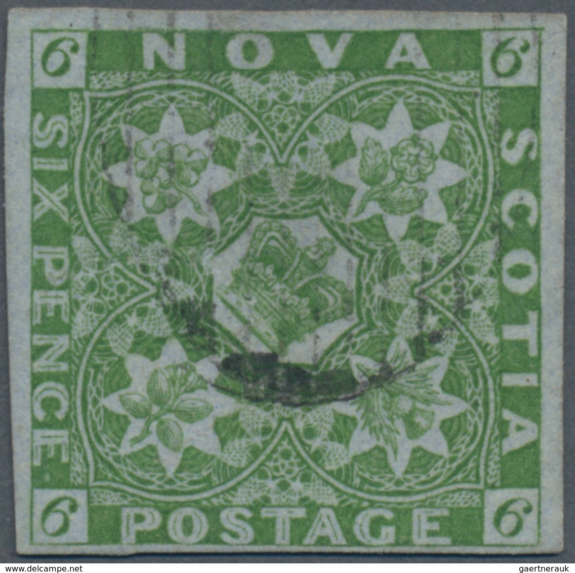 Neuschottland: 1851, Crown And Heraldic Flowers 6d. Yellow-green On Bluish Paper Imperforate With Go - Briefe U. Dokumente
