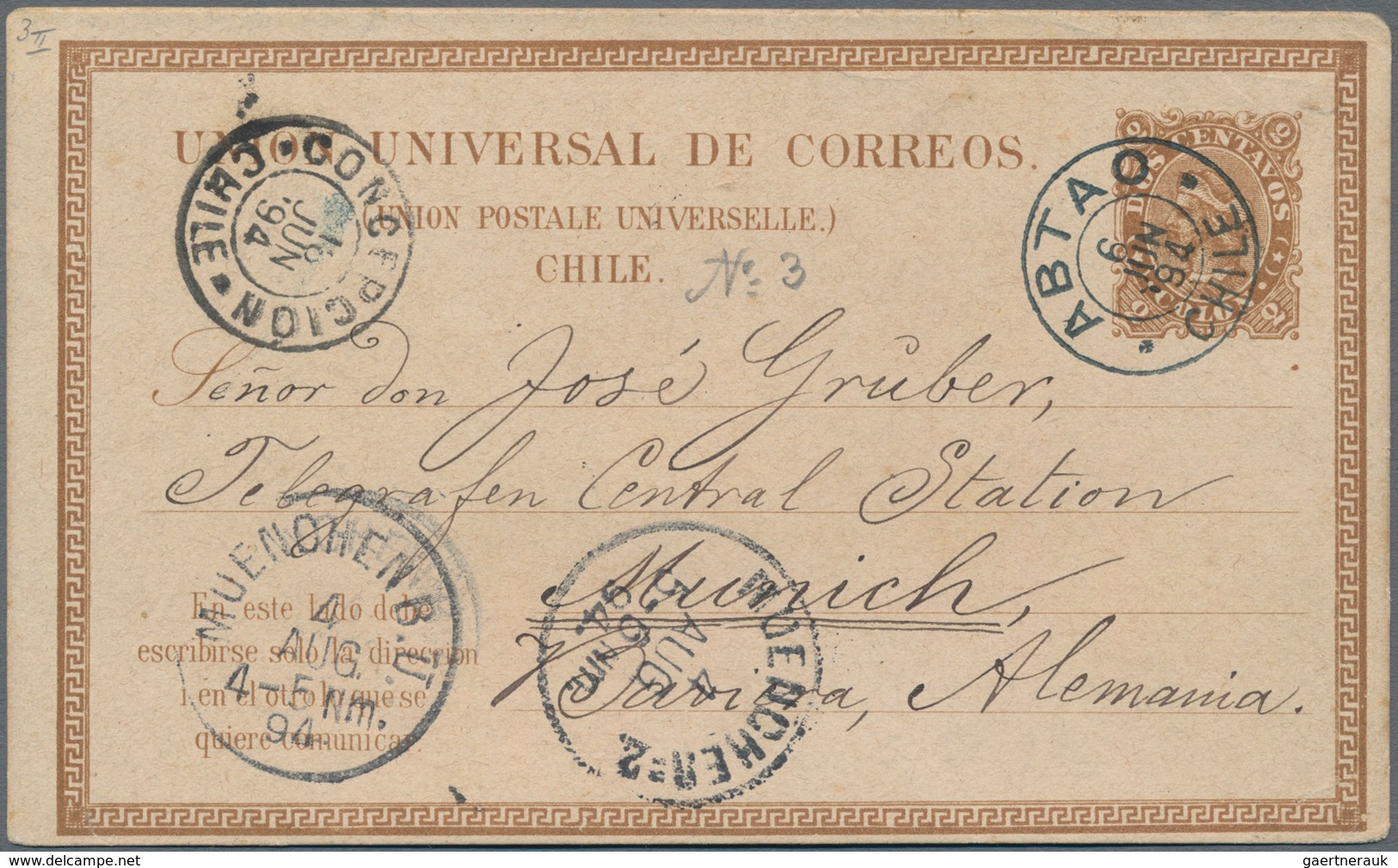 Chile - Ganzsachen: 1881, Stationery Card 2 C Brown With Double Cds "ABTAO 6 JUN 84" Sent Via "CONCE - Chile