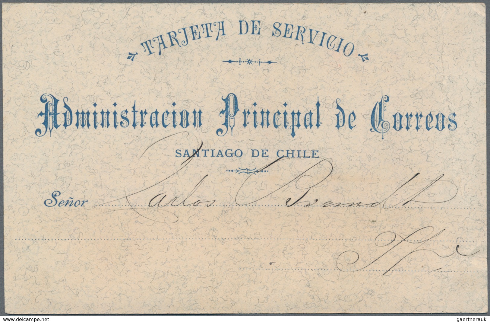 Chile - Ganzsachen: 1889, Rare Official Card "Tarjeta De Servicio" Locally Used In "SANTIAGO 20.11.9 - Chile