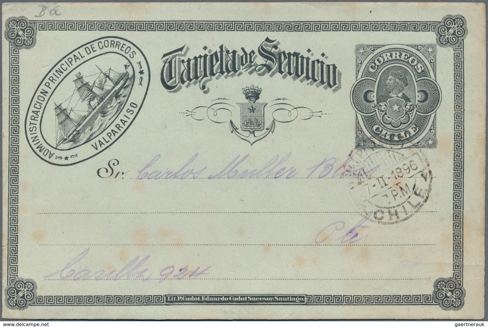 Chile - Ganzsachen: 1889, Rare Official Card "Tarjeta De Servicio" Locally Used In "VALPARAISO 7 II - Chile