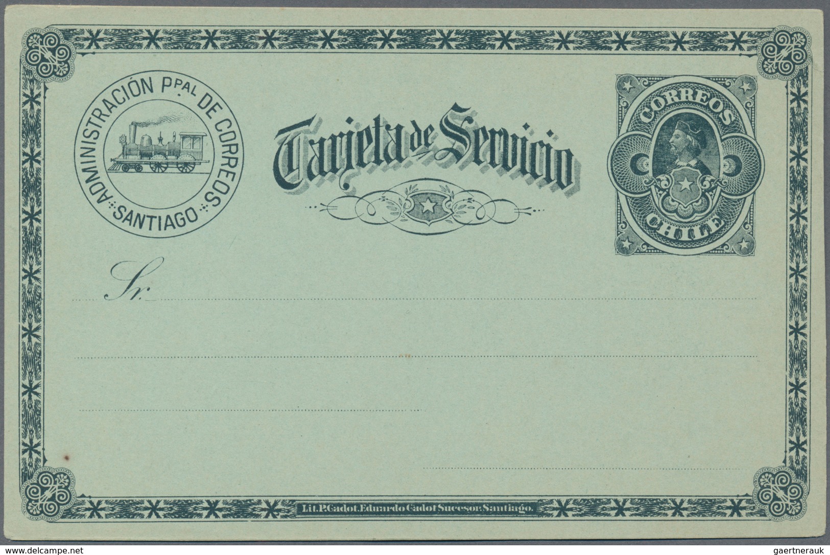 Chile - Ganzsachen: 1892, Postal Card For Offical Service On Bluish Green, Unused Copy (slight Tear - Chile