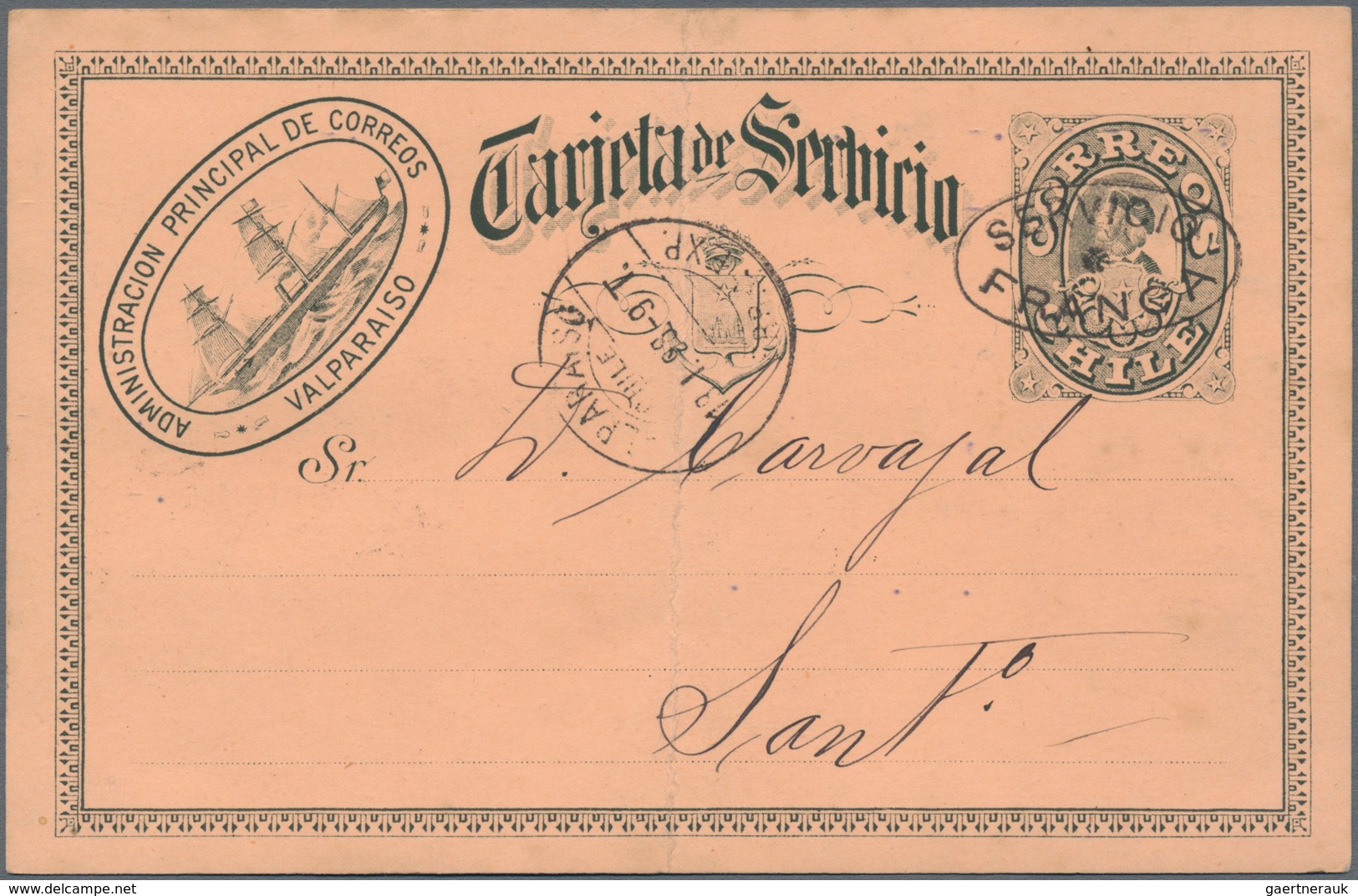 Chile - Ganzsachen: 1896, Official Card "Tarjeta De Servicio" With Oval Imprint "SERVICIO FRANCA" Us - Chile