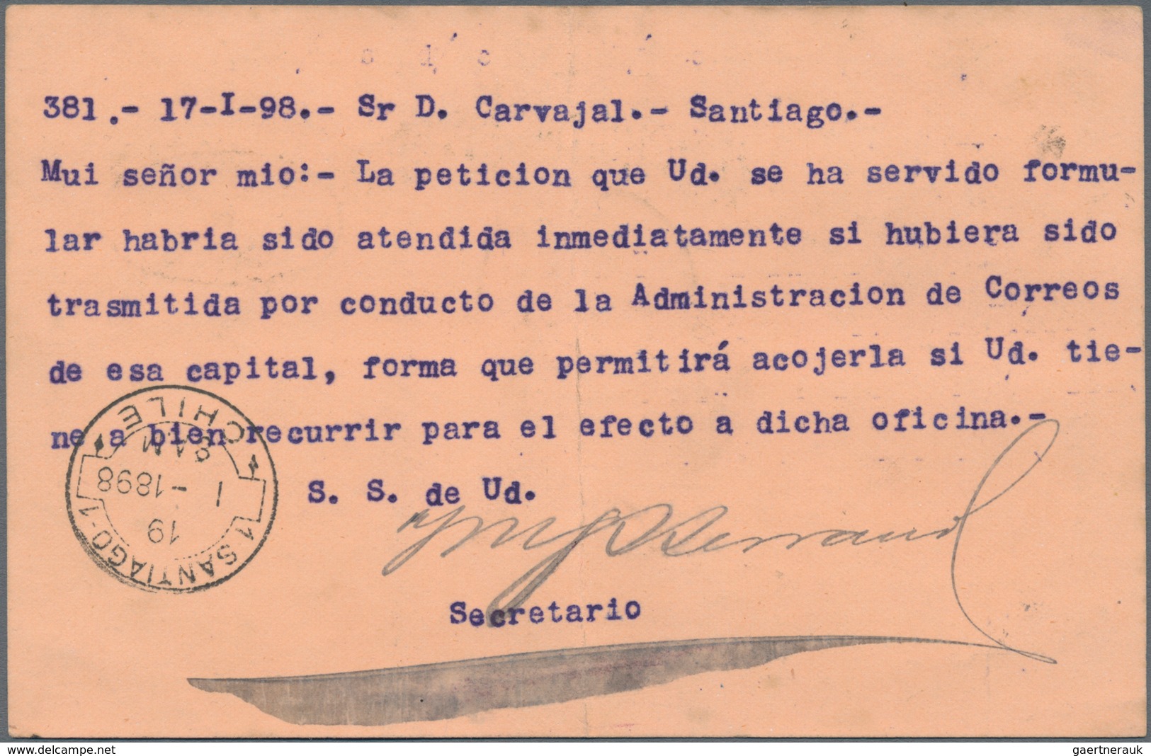 Chile - Ganzsachen: 1896, Official Card "Tarjeta De Servicio" With Oval Imprint "SERVICIO FRANCA" Us - Chile