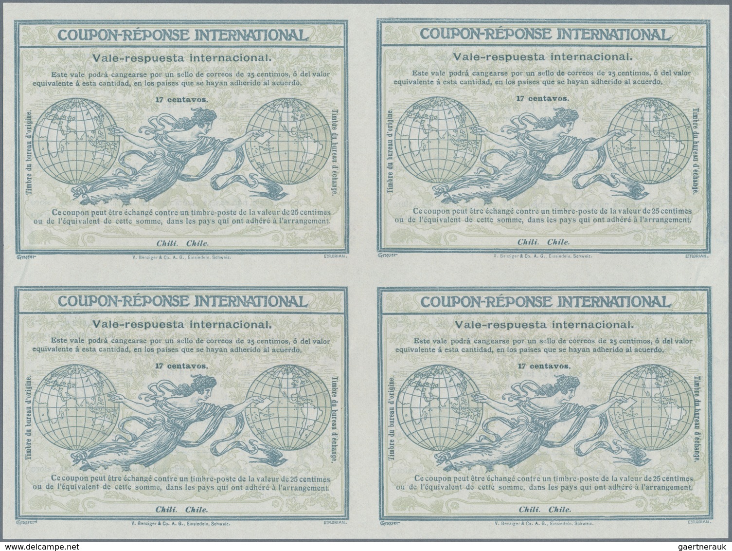 Chile - Ganzsachen: 1907. International Reply Coupon 17 Centavos (Rom Type) In An Unused Block Of 4. - Chile