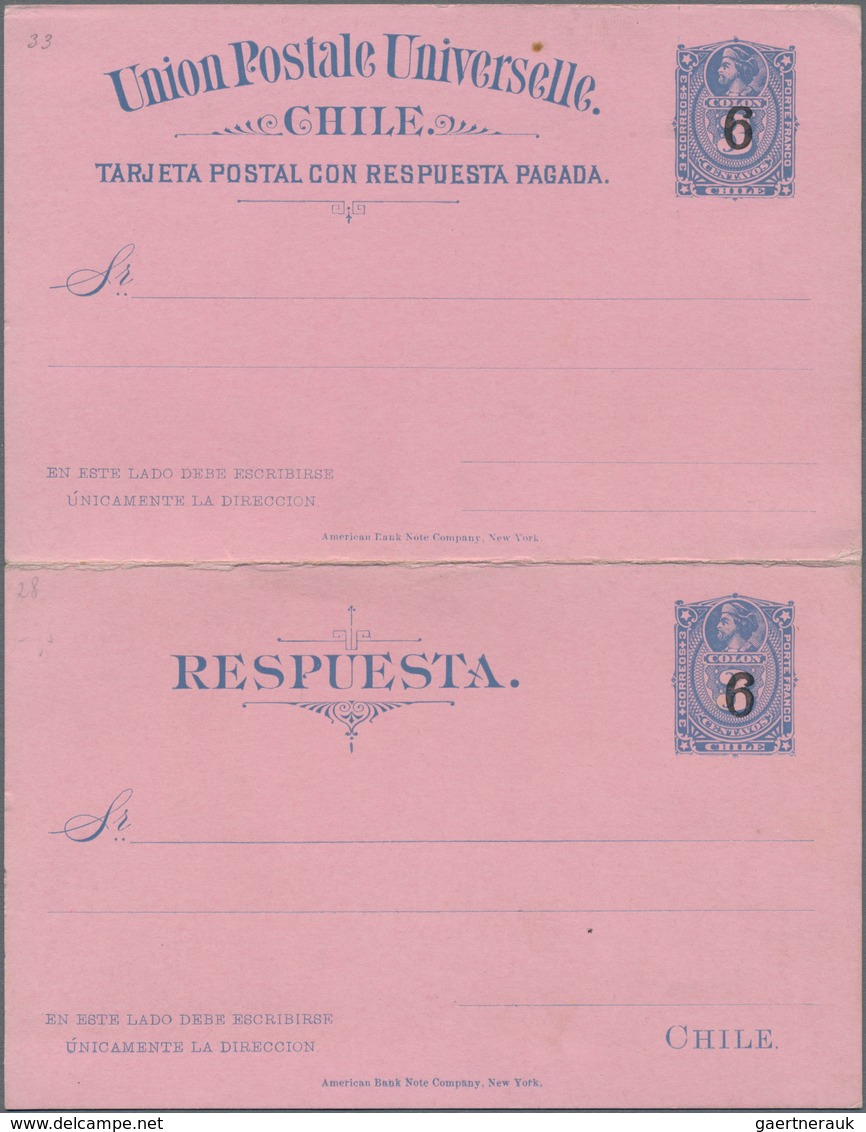 Chile - Ganzsachen: 1909, Rare Stationery Double Card With Overprinted Value "6" On 5 C Blue On Brig - Chile