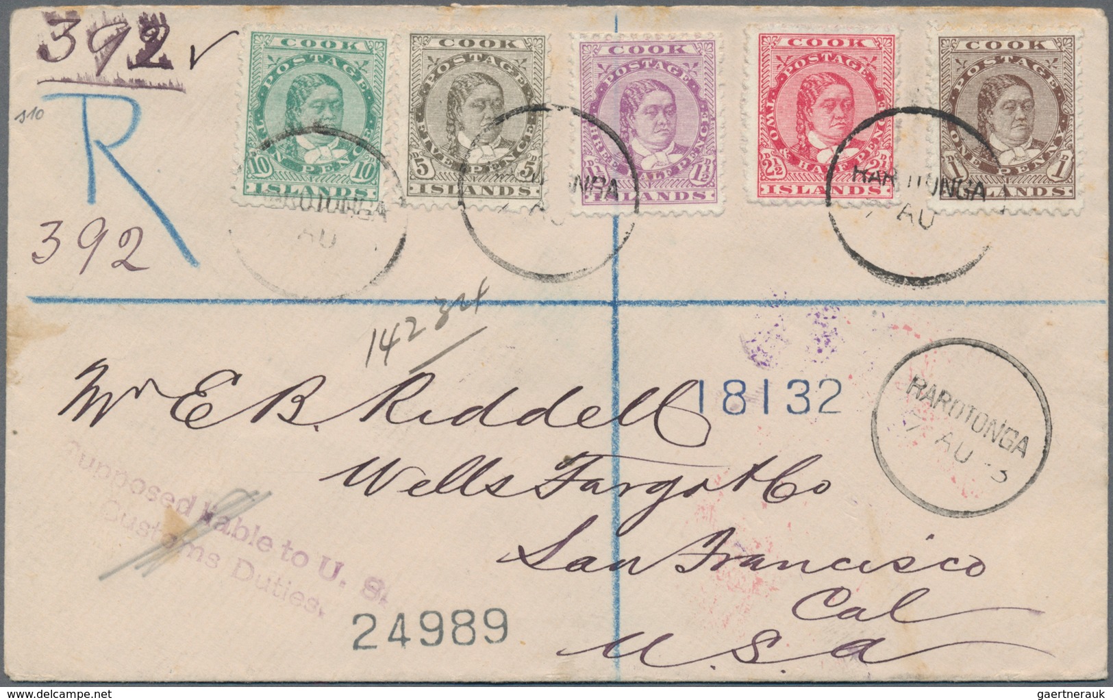 Cook-Inseln: 1893 'Queen Makea Takau' 1d. Brown, 1½d., 2½d., 5d. And 10d. Used On Registered Cover F - Cookinseln