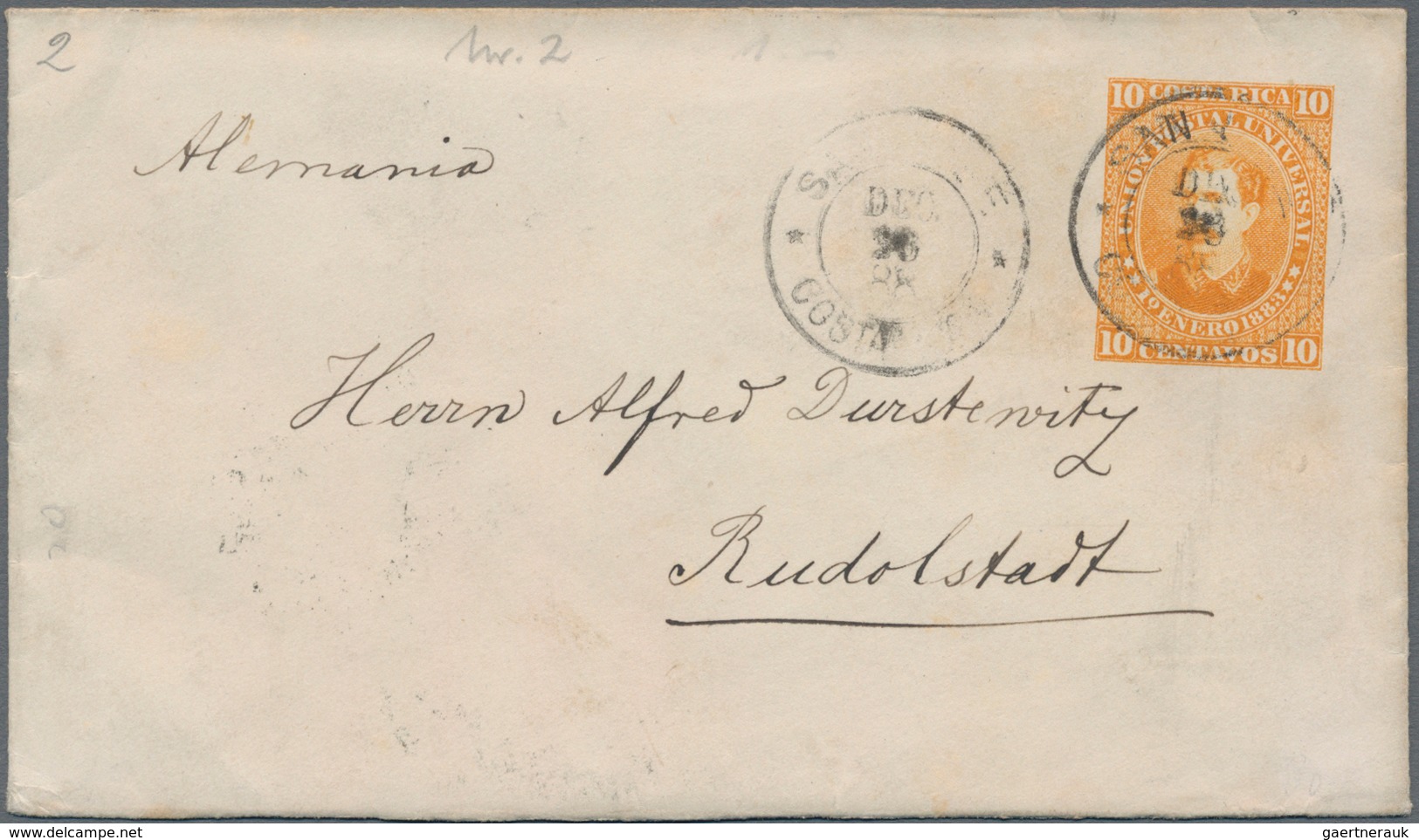 Costa Rica: 1886 Stationery Envelope Don Bernardo Soto Alfaro 10 C Orange Sent From "SAN JOSE DEC 26 - Costa Rica