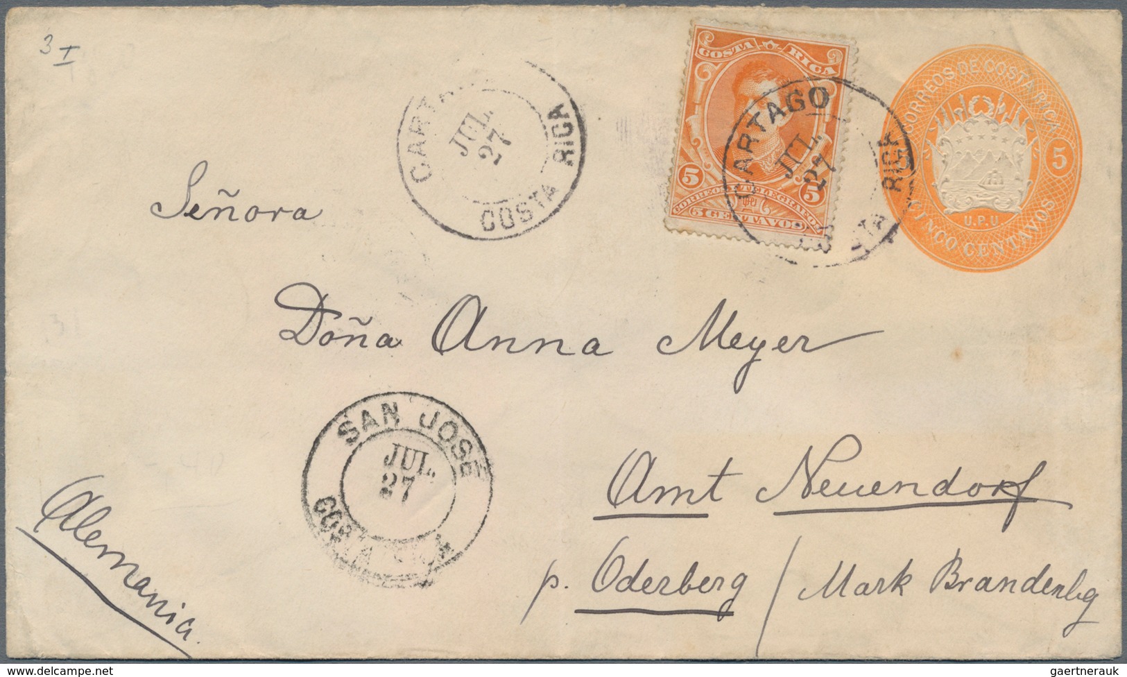 Costa Rica: 1886 Stationery Envelope Coat Of Arms 10 C Orange Uprated 5 C Sent From "CARTAGO JUL 27 - Costa Rica