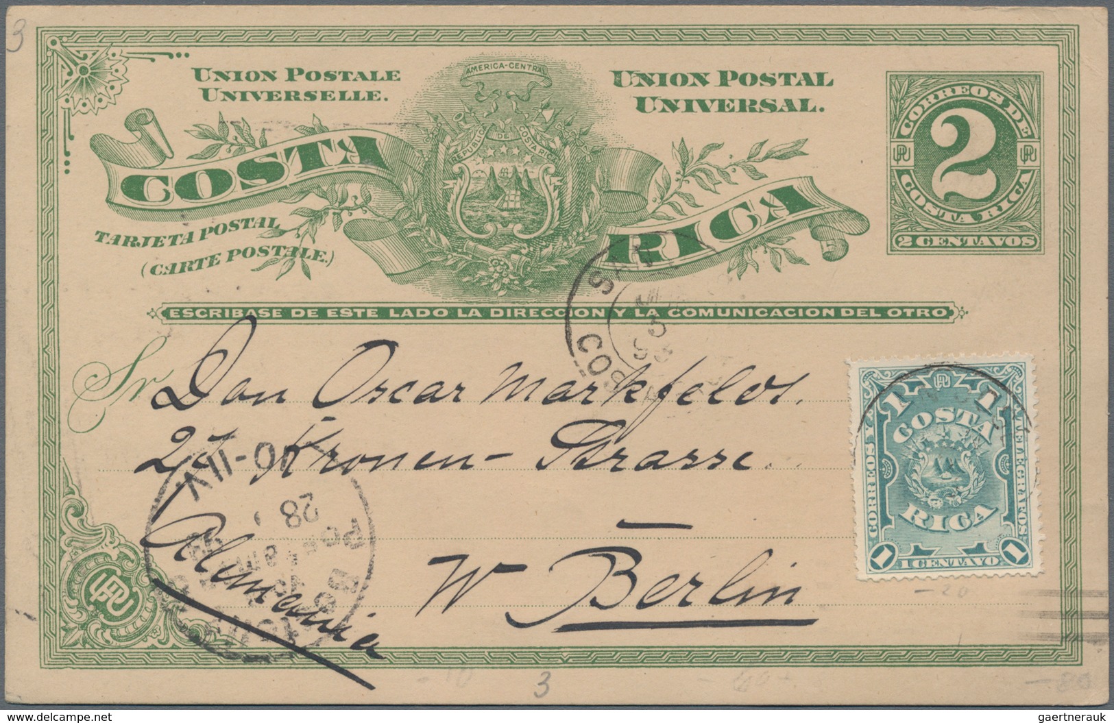 Costa Rica: 1890, Stationery Double Card 2 C Green Uprated 1 C Sent From "SAN JOSE 5 JUN 1893" To Be - Costa Rica