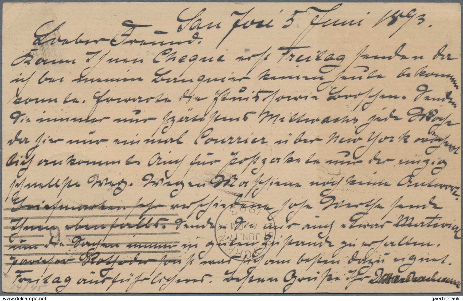 Costa Rica: 1890, Stationery Double Card 2 C Green Uprated 1 C Sent From "SAN JOSE 5 JUN 1893" To Be - Costa Rica