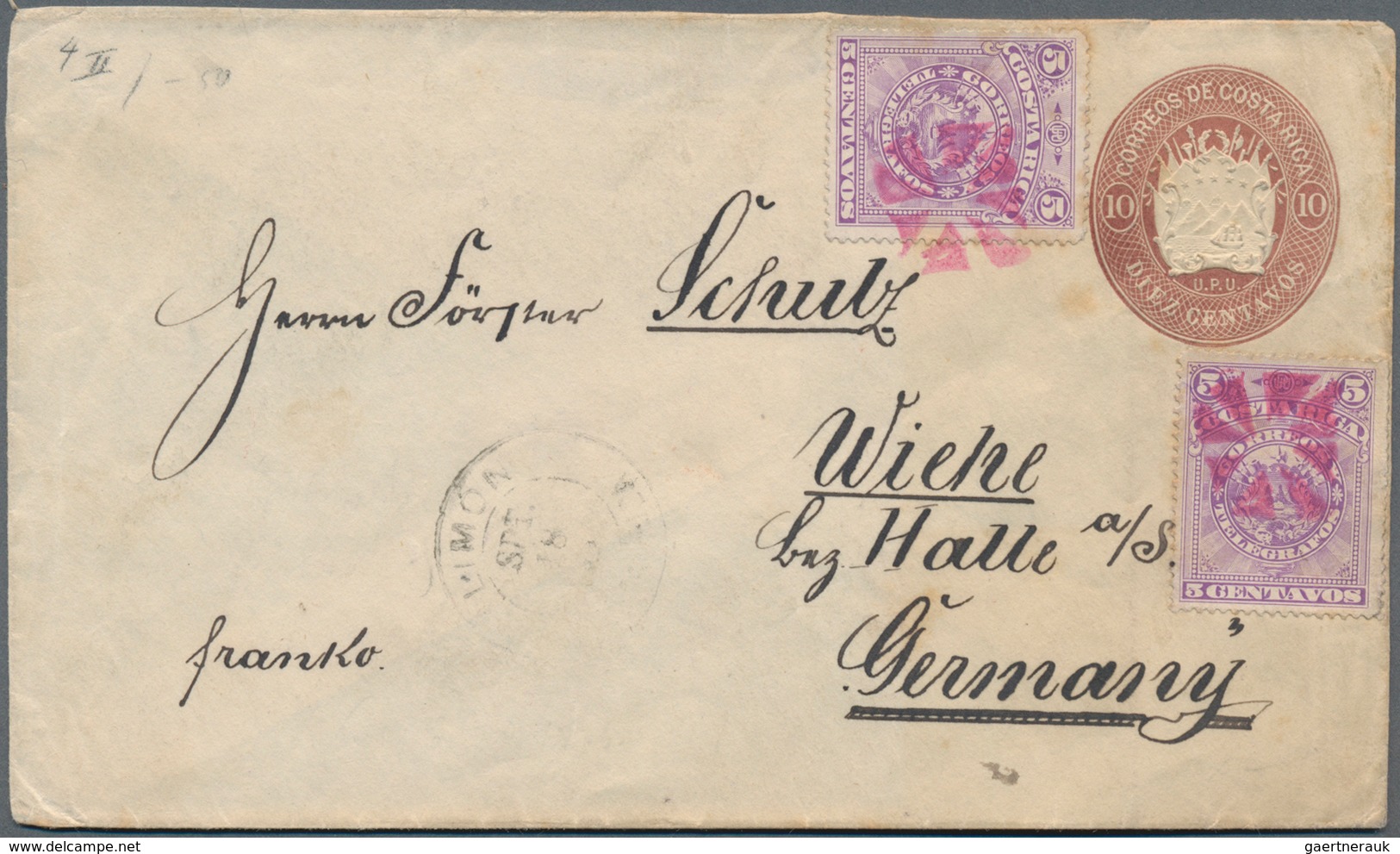 Costa Rica: 1890, Stationery Envelope Coat Of Arms 10 C Brown On Wove Paper Uprated 2x 5 C Lilac Wit - Costa Rica