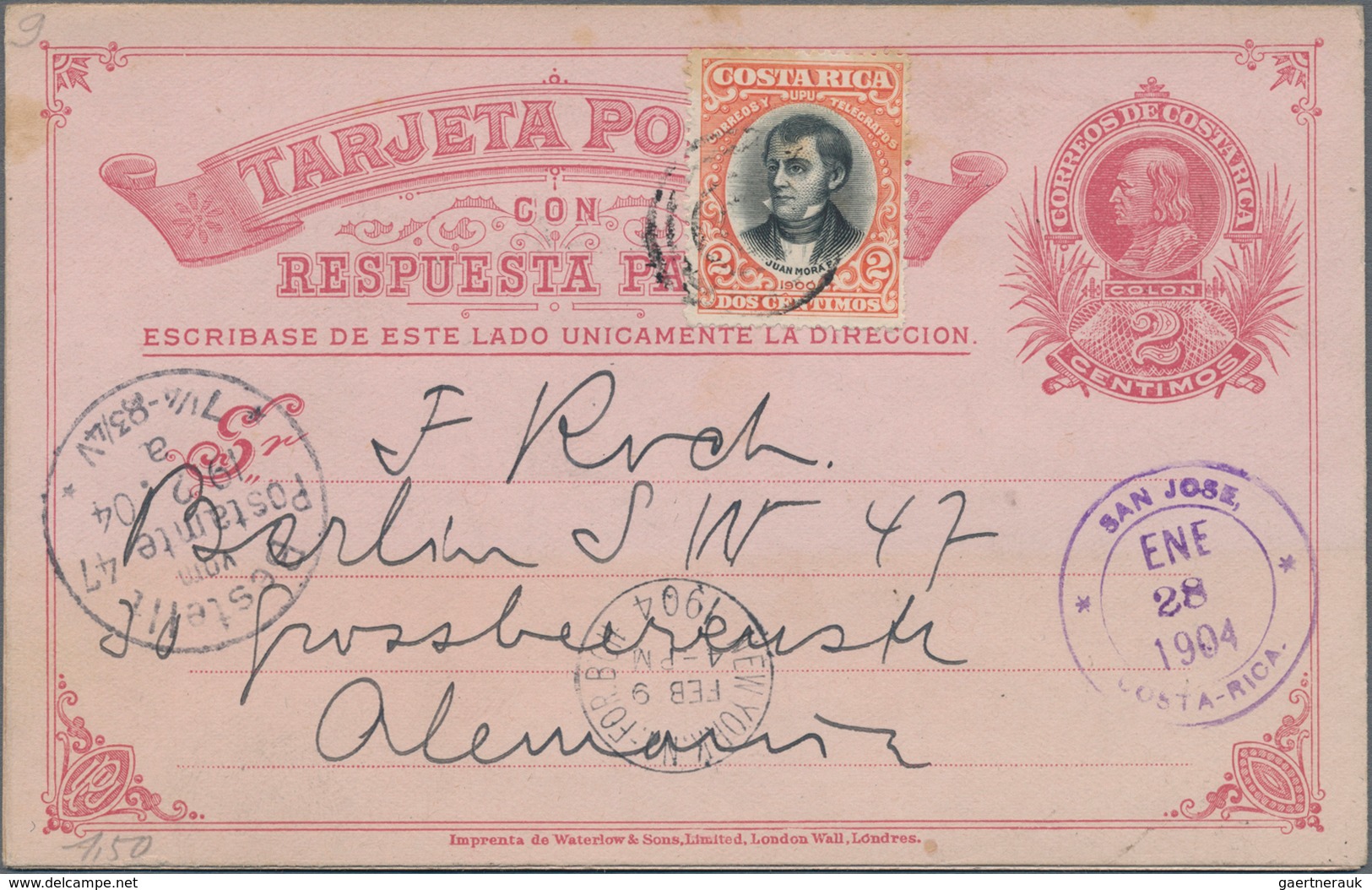 Costa Rica: 1903, Stationery Double Card 2 C Uprated 2 C Sent From "SAN JOSE ENE 28 1904" To Berlin - Costa Rica