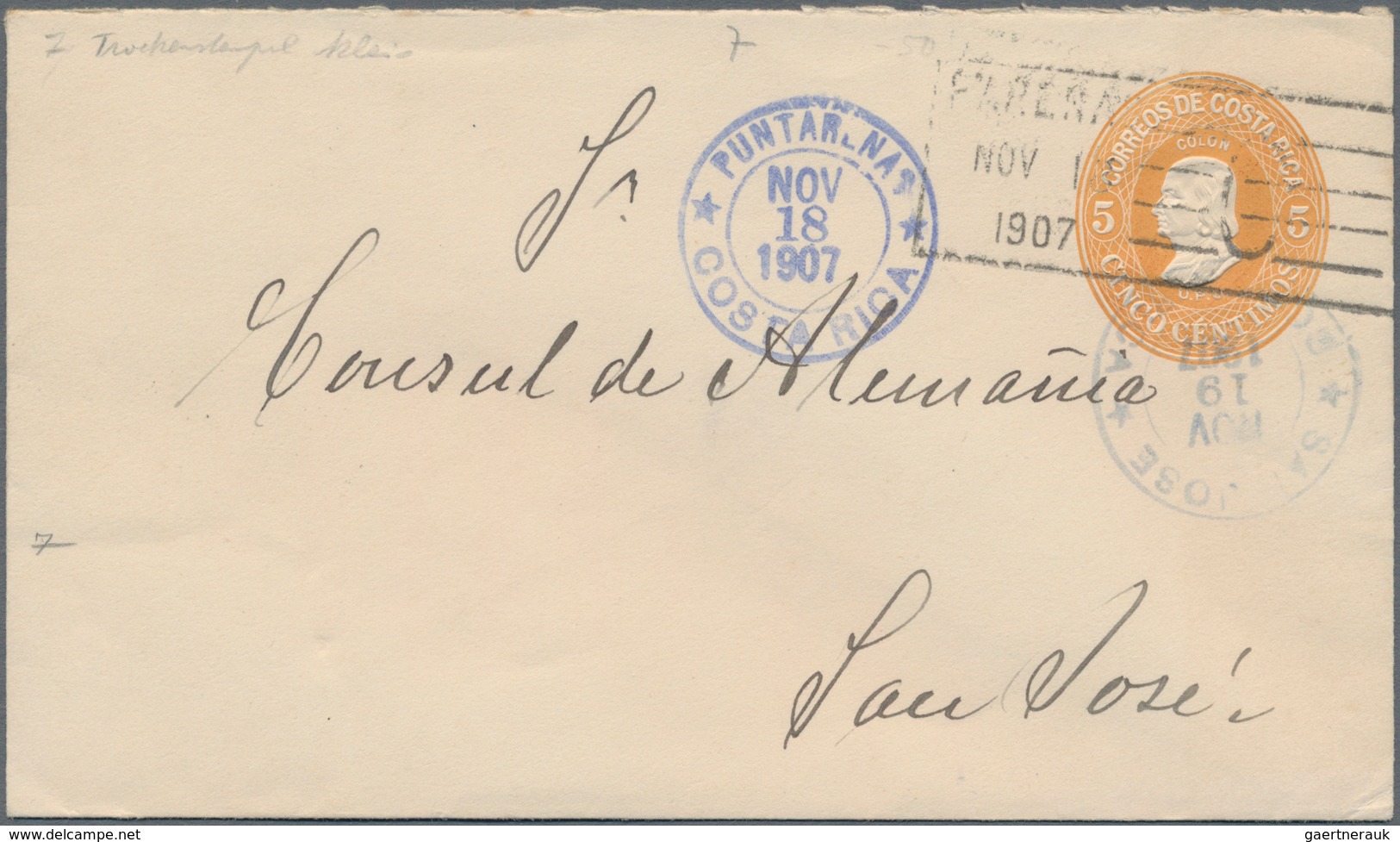 Costa Rica: 1903/07, Three Stationery Envelopes: 1903, 5 C Blue And 10 C Occre With Embossing "WATER - Costa Rica