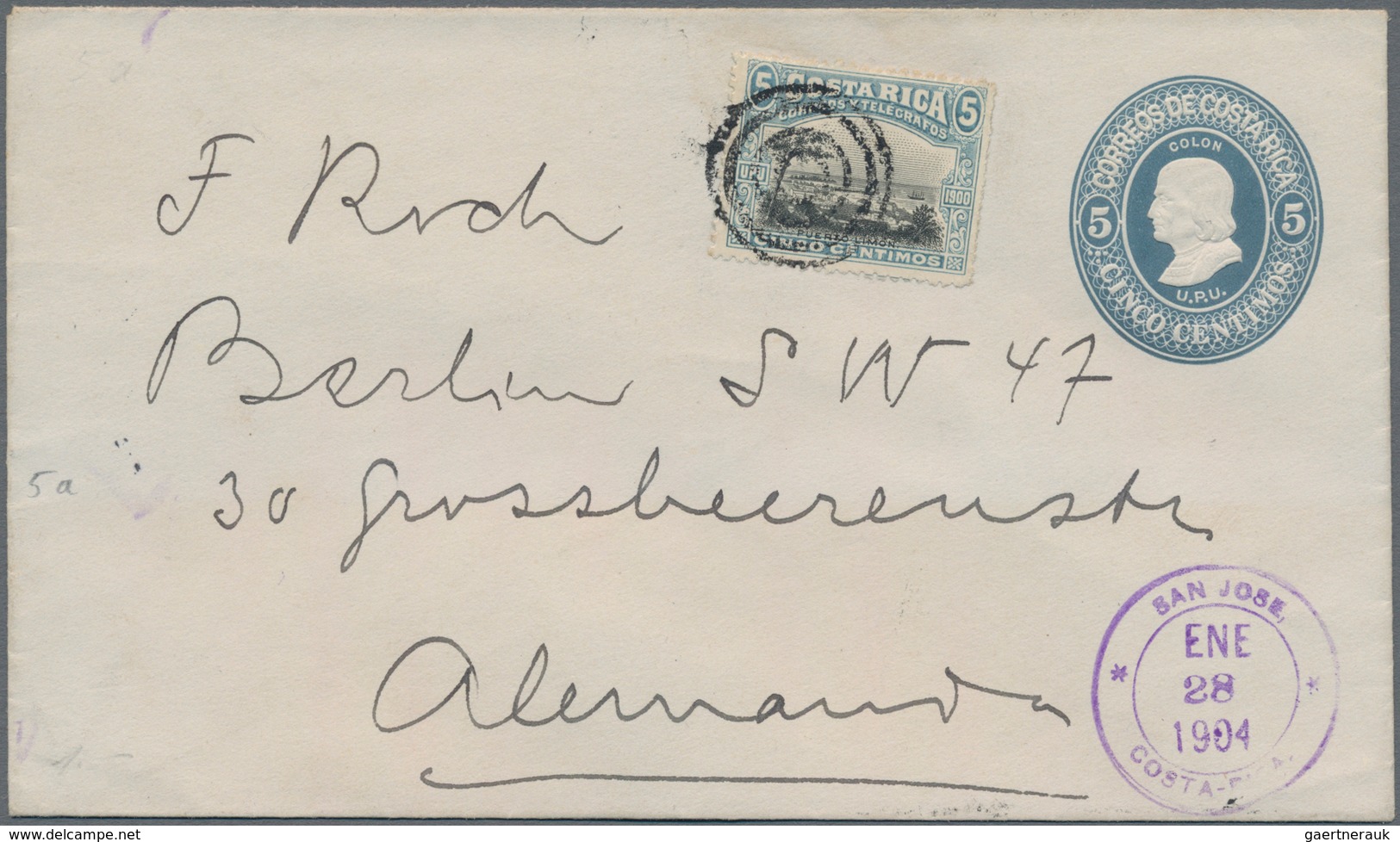 Costa Rica: 1903, Stationery Envelope 5 C Dull-blue Uprated 5 C Sent From "SAN JOSE ENE 28 1904" To - Costa Rica