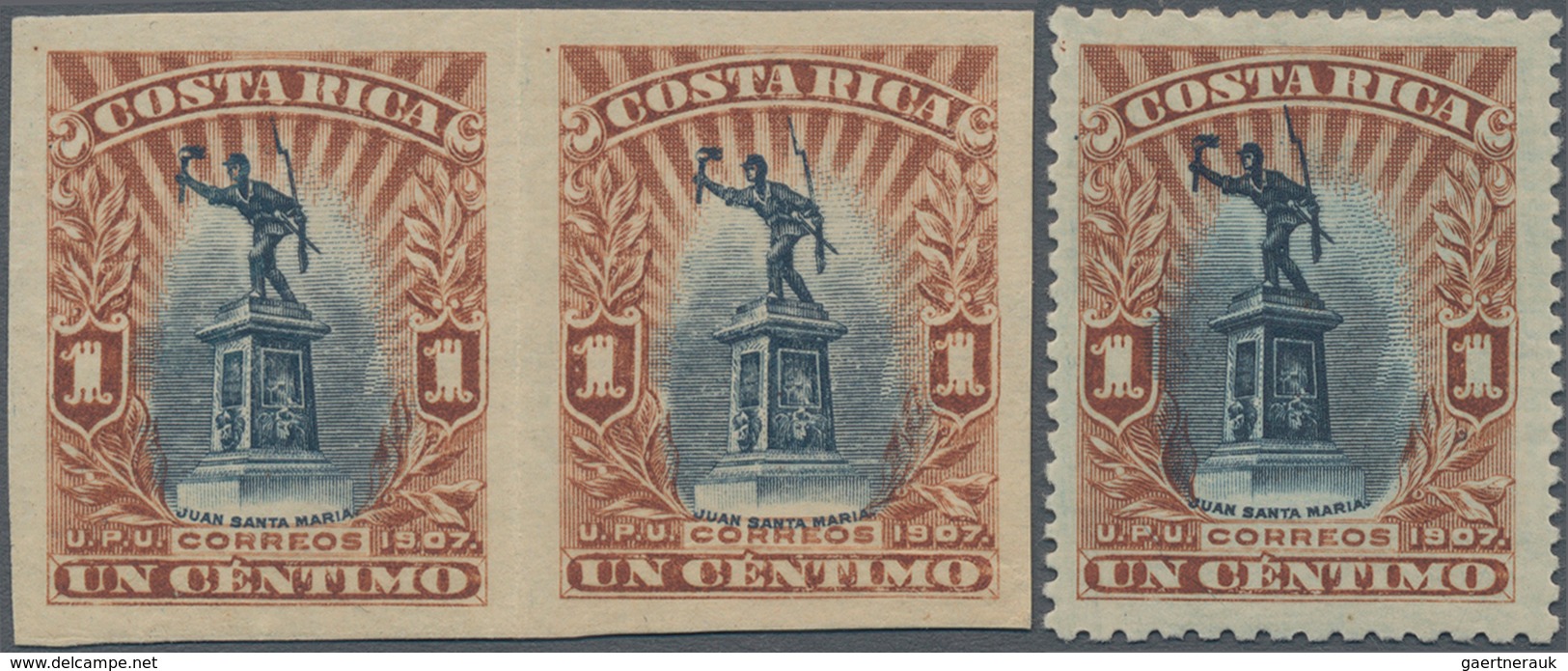 Costa Rica: 1907, Personalities 1c. Brown/blue-black 'Juan Santamaria' IMPERFORATE Pair In Issued Co - Costa Rica