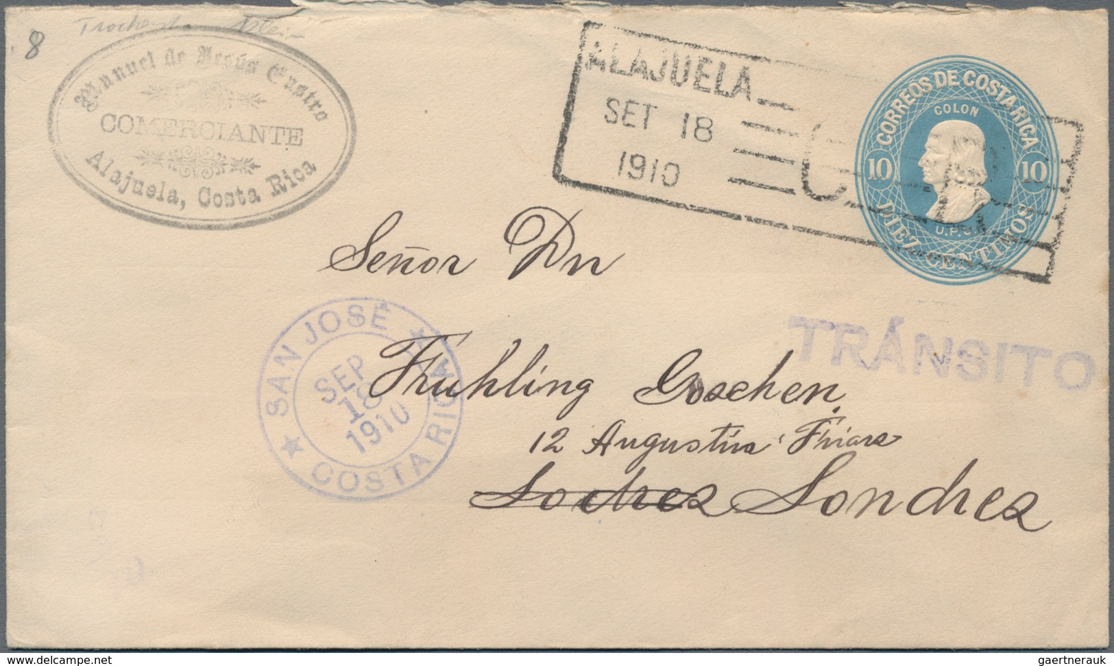 Costa Rica: 1907, Stationery Envelope 10 C Light-blue (embossed Waterlo Bros. And Layton..) Sent Fro - Costa Rica