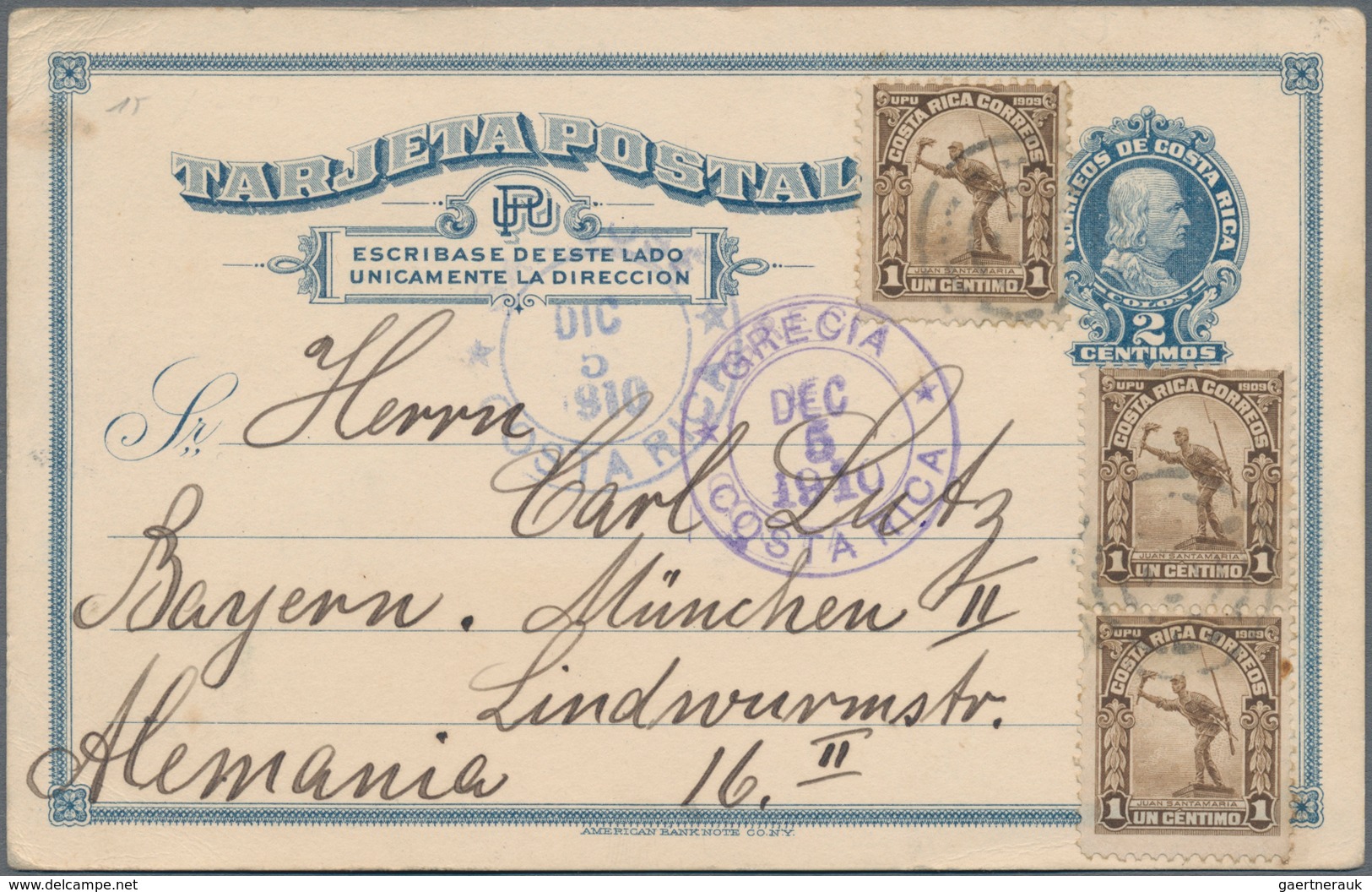Costa Rica: 1910, Two Stationery Cards, 2 C Blue Uprated 3x 1 C With Cancel "GRECIA DEC 5 1910" (cor - Costa Rica