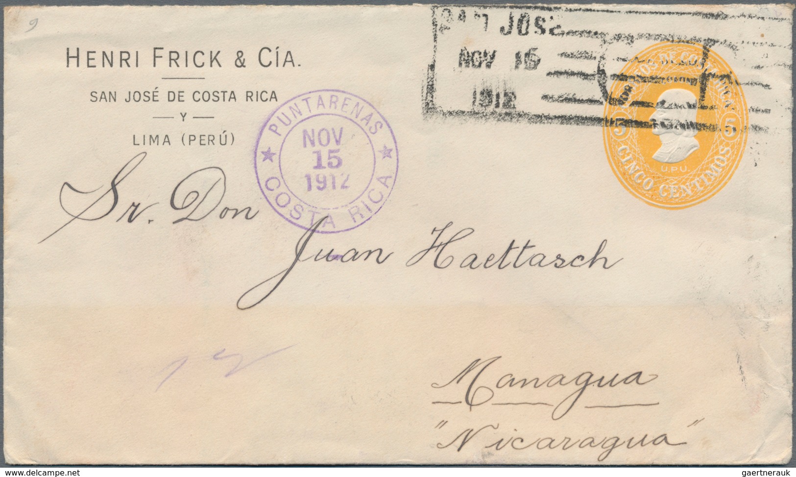 Costa Rica: 1911, Stationery Envelope 5 C Orange (embossed American Bank Note) With Imprint "Henry F - Costa Rica
