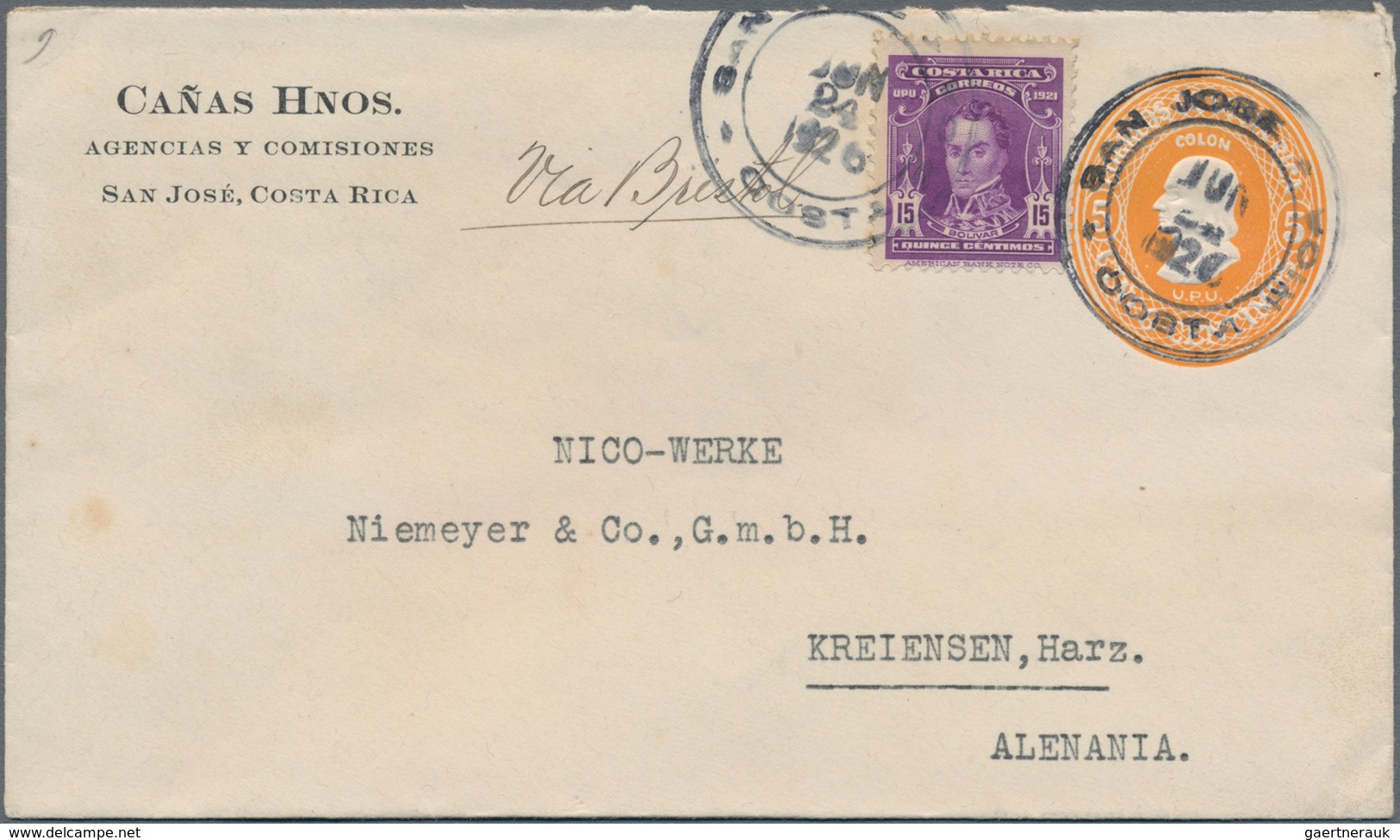 Costa Rica: 1911, Two Stationery Envelopes: 5 C Orange With Imprint "CANAS HNOS. ... SAN JOSE" Uprat - Costa Rica