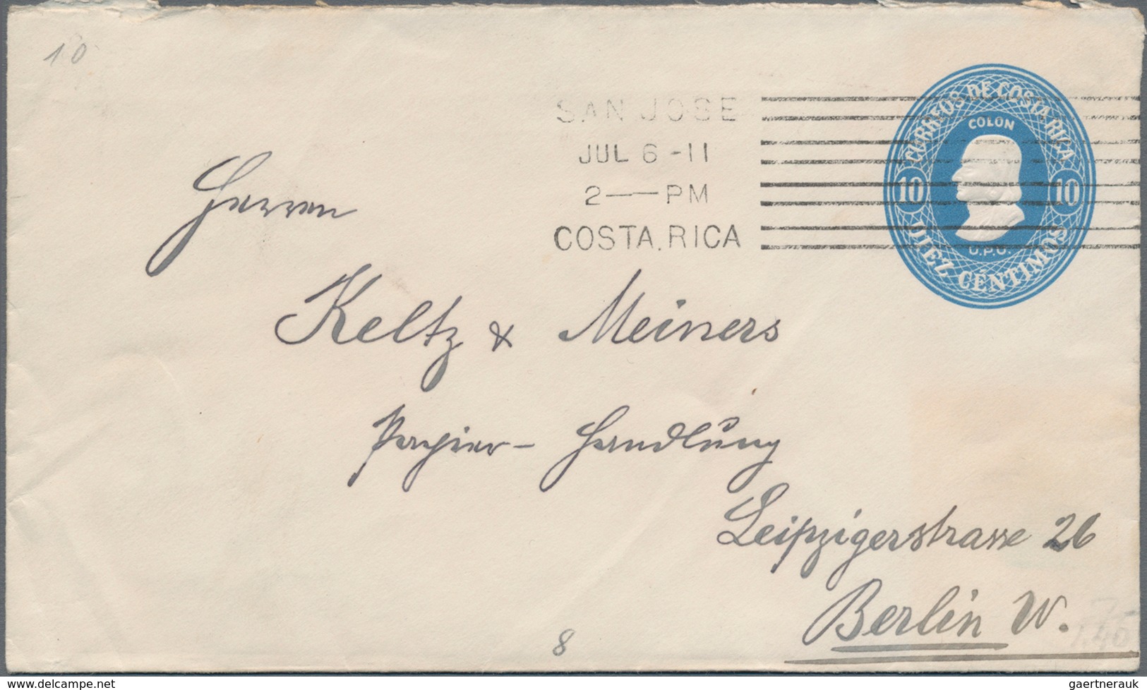 Costa Rica: 1911/23, Two Stationery Envelopes: 1911, Columbus 10 C Blue With Early Machine Cancel "S - Costa Rica