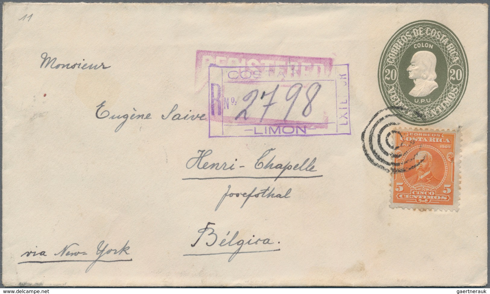 Costa Rica: 1911, Stationery Envelope 20 C Deep Olive (embossed American Bank Note) Sent Registered - Costa Rica