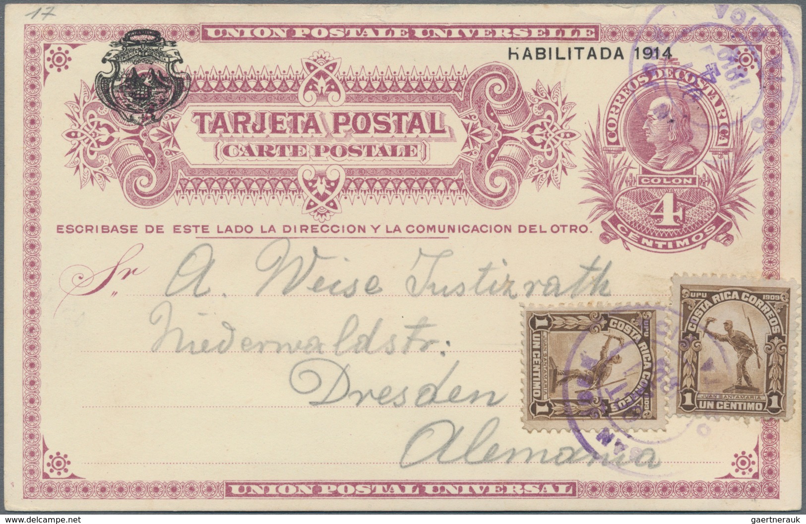 Costa Rica: 1914, Stationery Card 4 C Deep-red With Imprint "HABILITADA 1914" Uprated 2x 1 C Sent Fr - Costa Rica