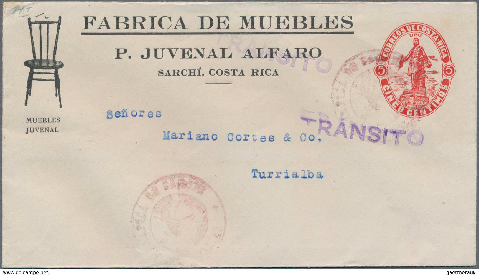 Costa Rica: 1923, Stationery Envelope 5 C Carmine With Upside Imprint "Fabricia De Muebles, P.Juvena - Costa Rica